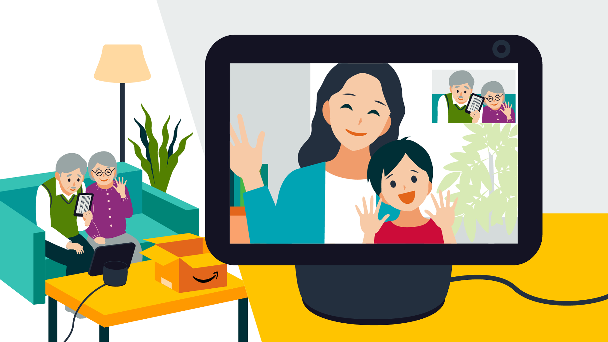 高齢夫婦がAmazonの箱から出したKindleを手に、Echo Showのビデオ通話で孫や娘に手を振り話をしているイラスト