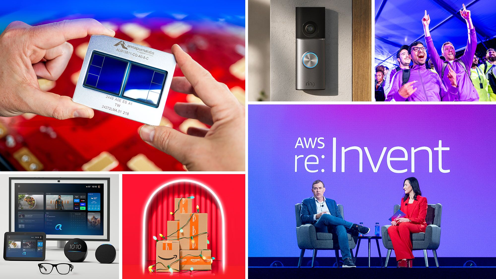 Collage featuring a Trainium chip, Ring doorbell, Alexa+ on Amazon devices, a graphic of Amazon holiday packages, the audience watching a keynote at AWS re:Invent 2025, and AWS CEO Matt Garman and Dr. Ruba Borno, VP, Global Specialists and Partners, AWS, speaking on stage at AWS re:Invent 2025.
 
