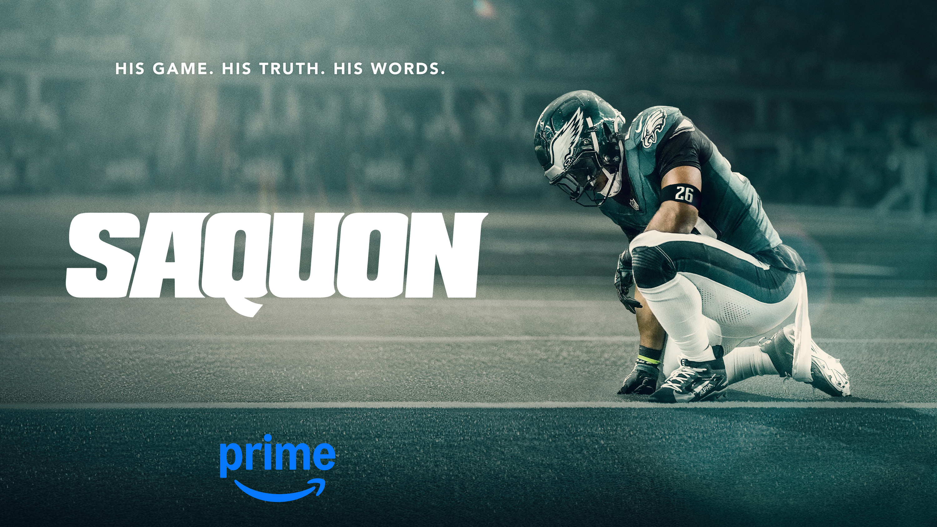 Promo art featuring Eagles running back Saquon Barkley kneeling.