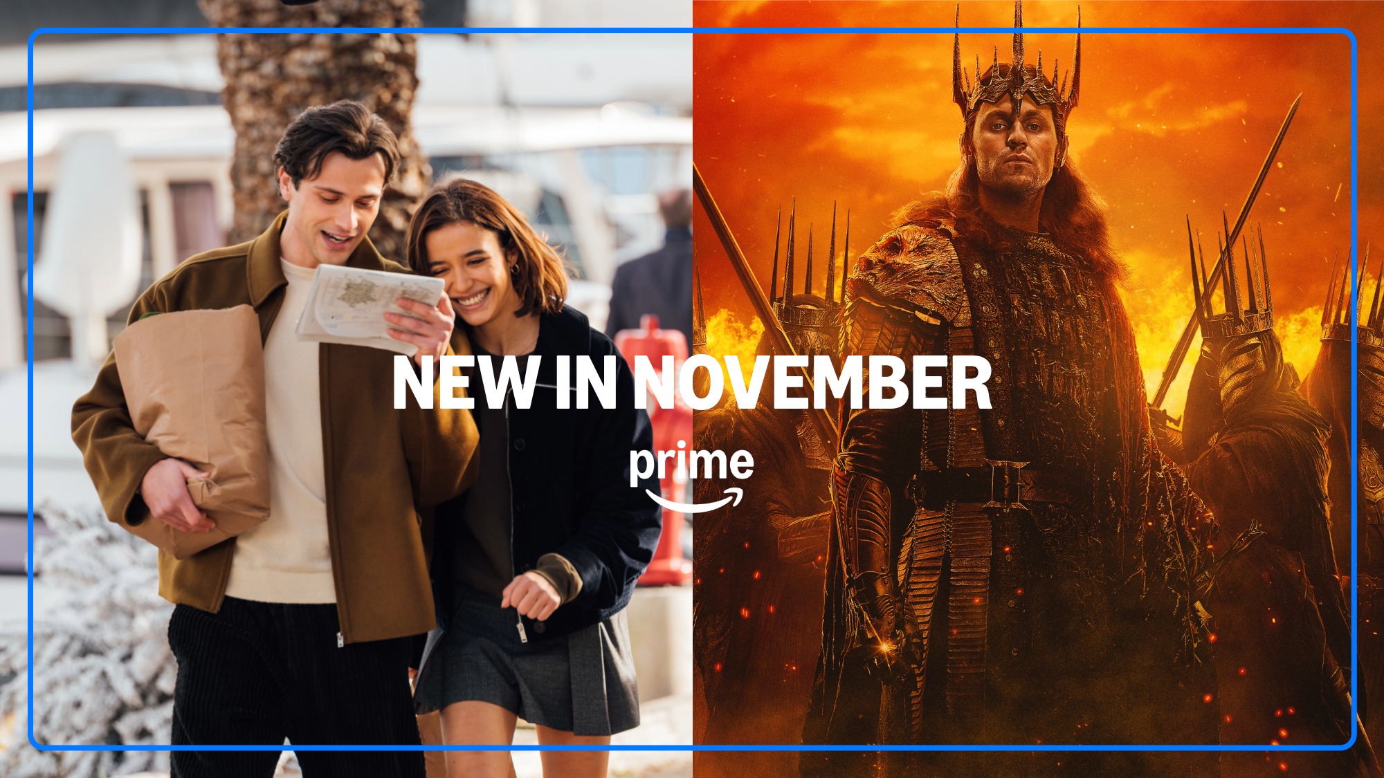 Split promo for Prime Video's new November titles: images of 'Campus Drivers' and ‘The Lord of The Rings: The Rings of Power’ Season 3