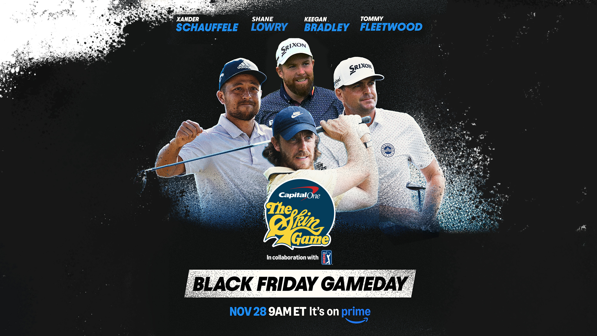 Prime Video promo for The Skin game featuring Xander Schauffele, Keegan Bradley, Shane Lowry, and Tommy Fleetwood.
