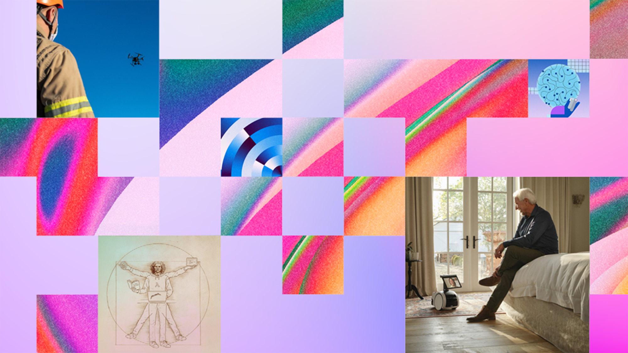 A graphic displaying a collage that includes a photo of a drone and a robot in a bedroom with a person.