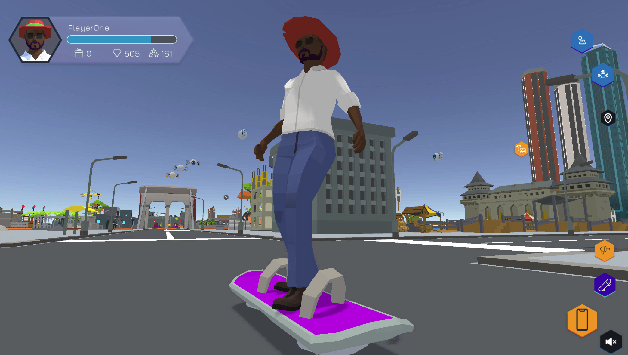 A screenshot of the AWS Cloud Quest game of a character riding a skateboard.