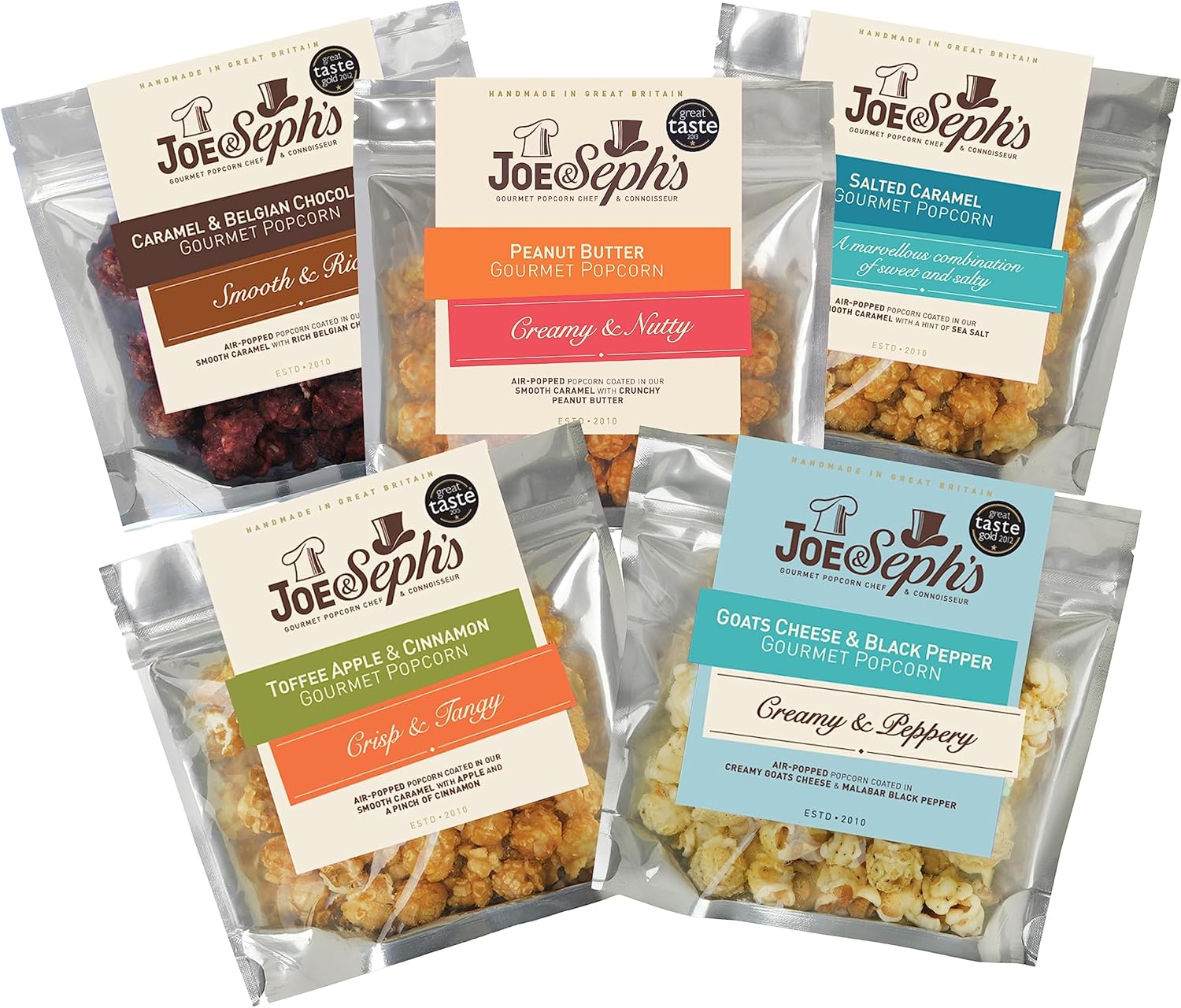Five varieties of Joe & Seph's popcorn including caramel and peanut butter flavors