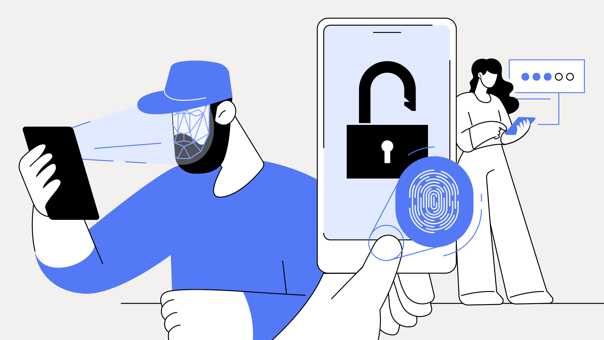 An illustration of a tablet unlocking with facial recognition or fingerprint.