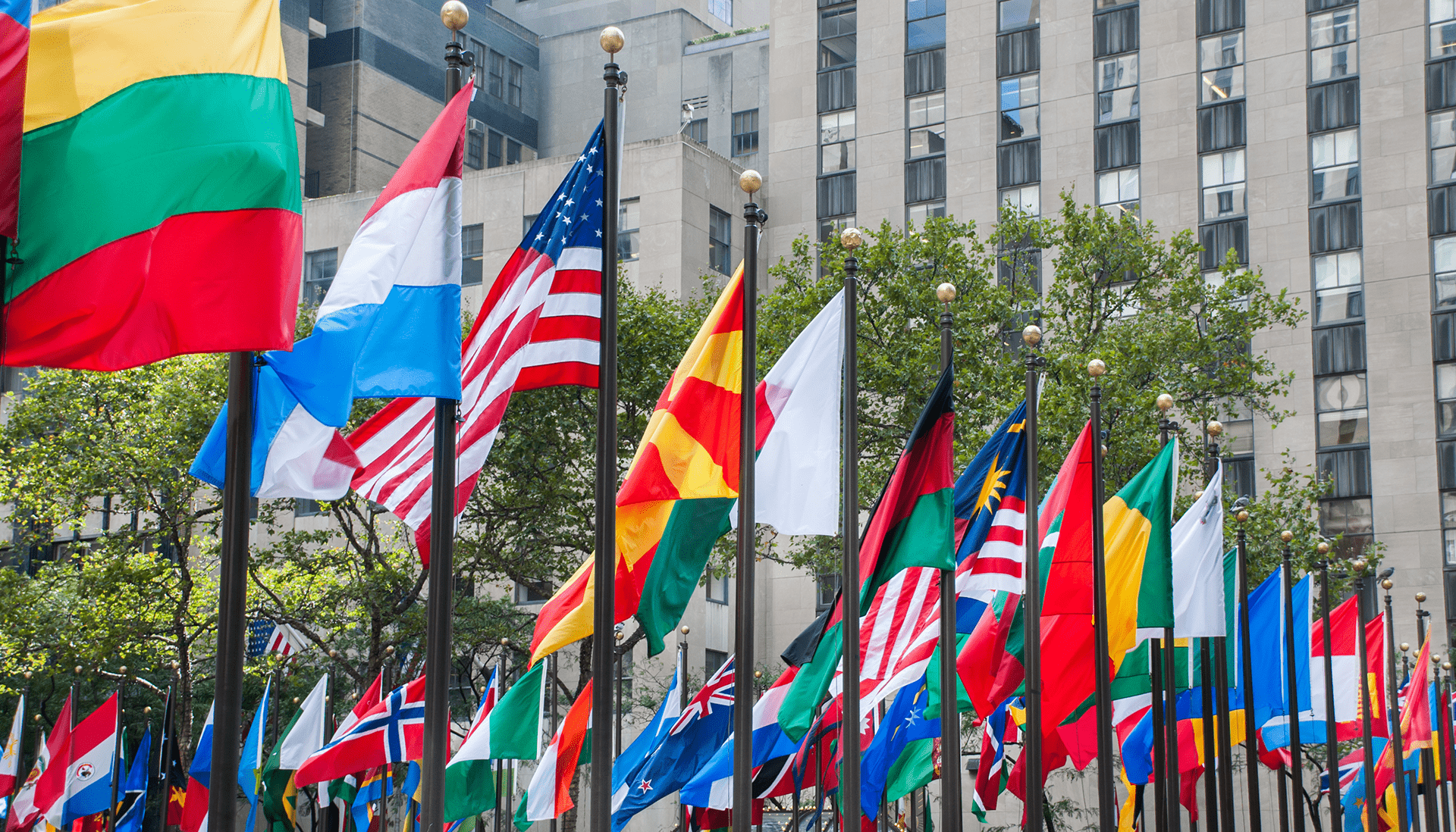 Country flags waving in the wind.