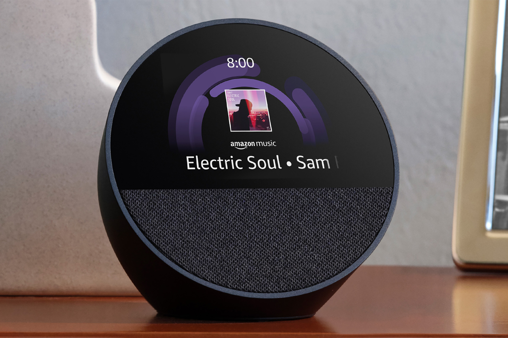 Amazon Echo device displaying 'Electric Soul' by Sam on Amazon Music