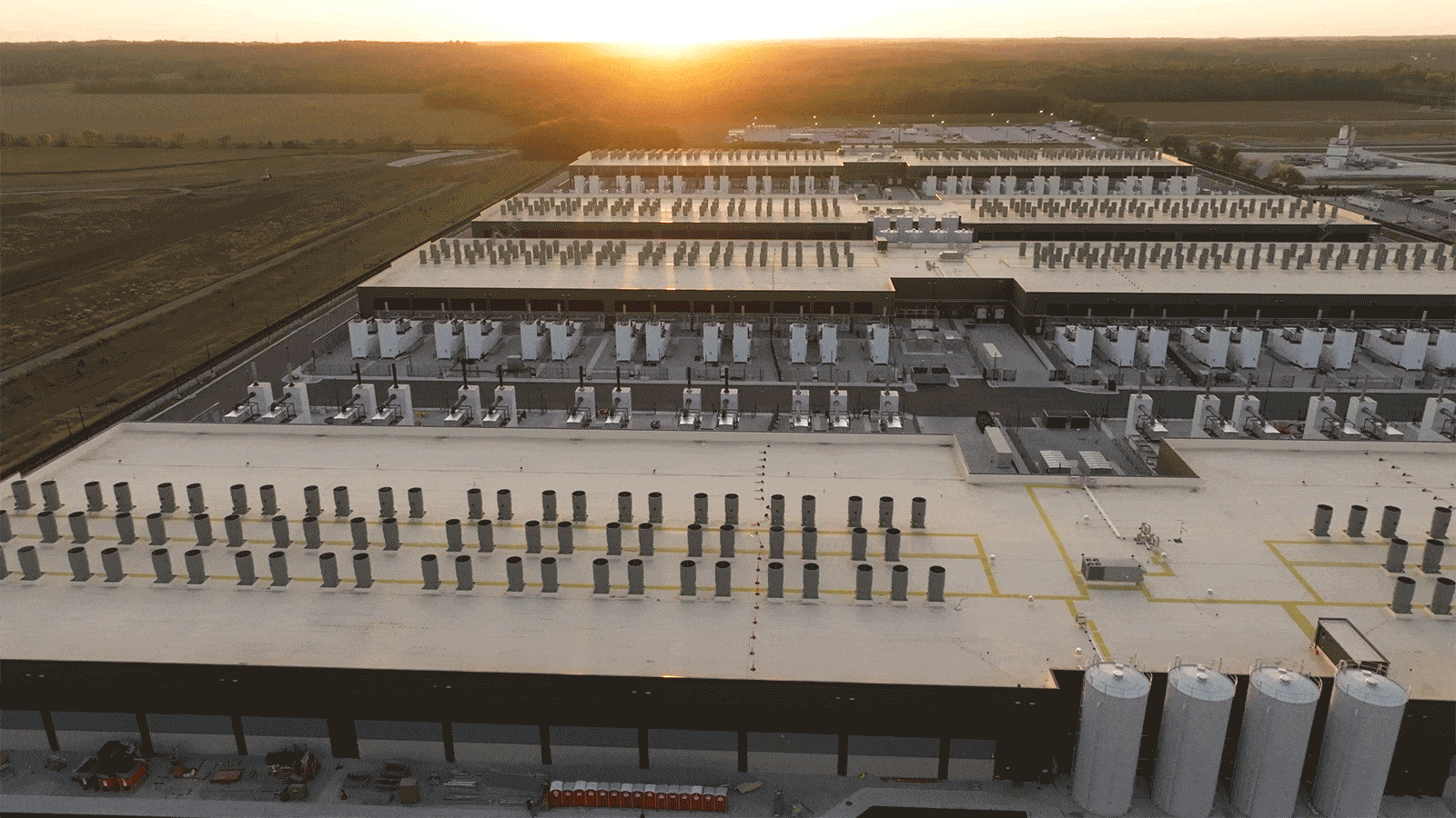 A motion video of an aerial view of a data center 