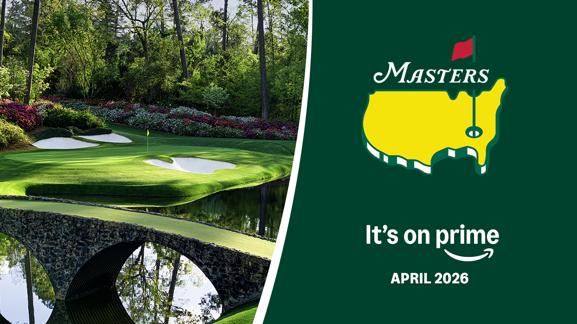 Masters golf tournament logo with Amazon Prime announcement for April 2026