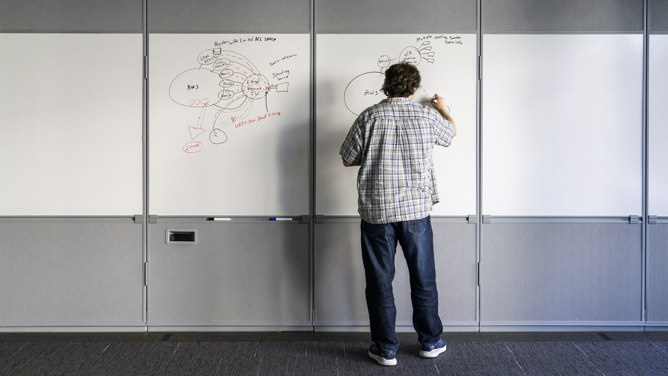 A photo of the back of Tom Scholl, AWS VP and Distinguished Engineer, writing on a white board. 