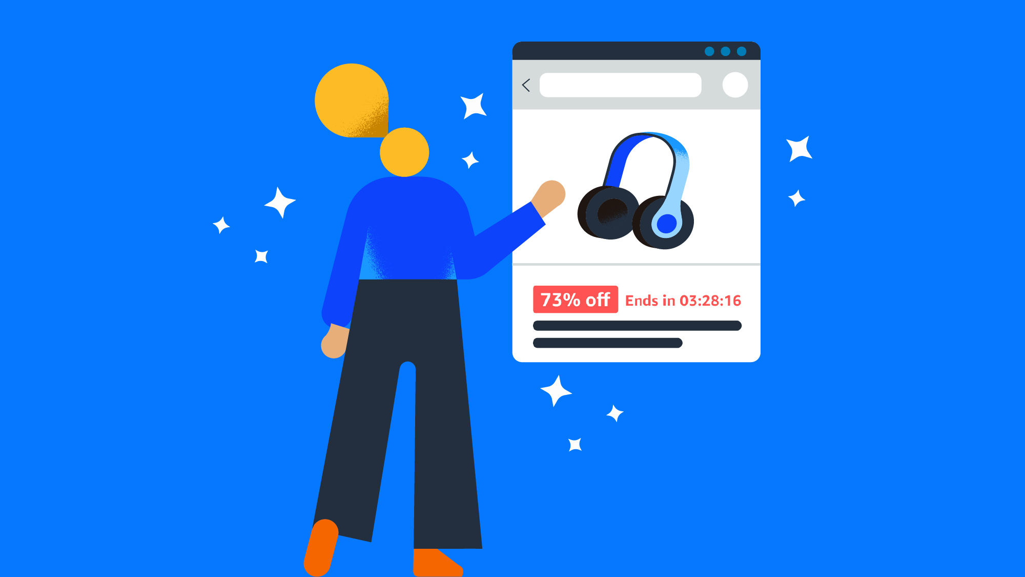 Stylized figure pointing at online discount offer for headphones
