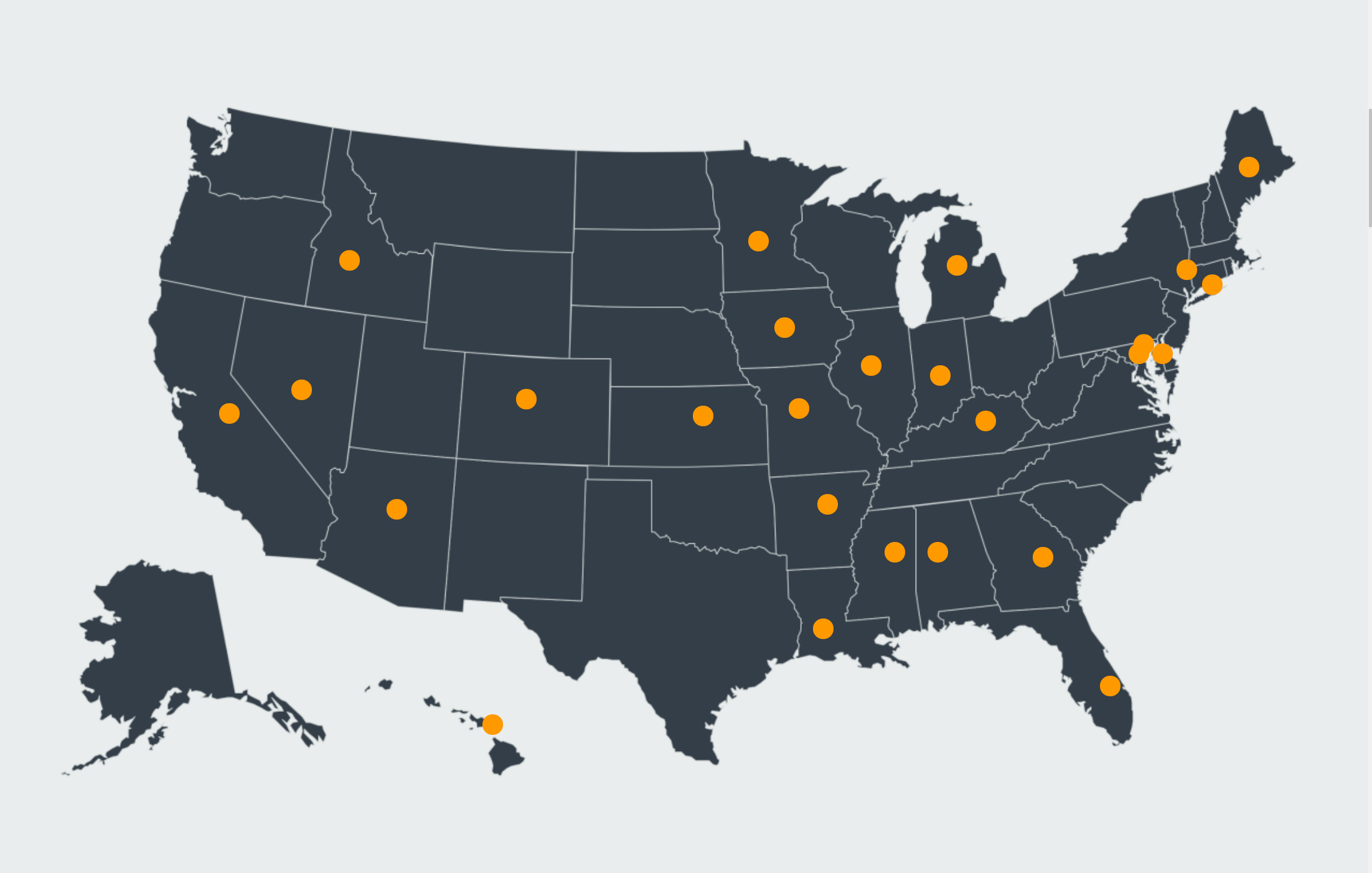 An image of a blue map of the US with orange dots pinpointing certain areas.