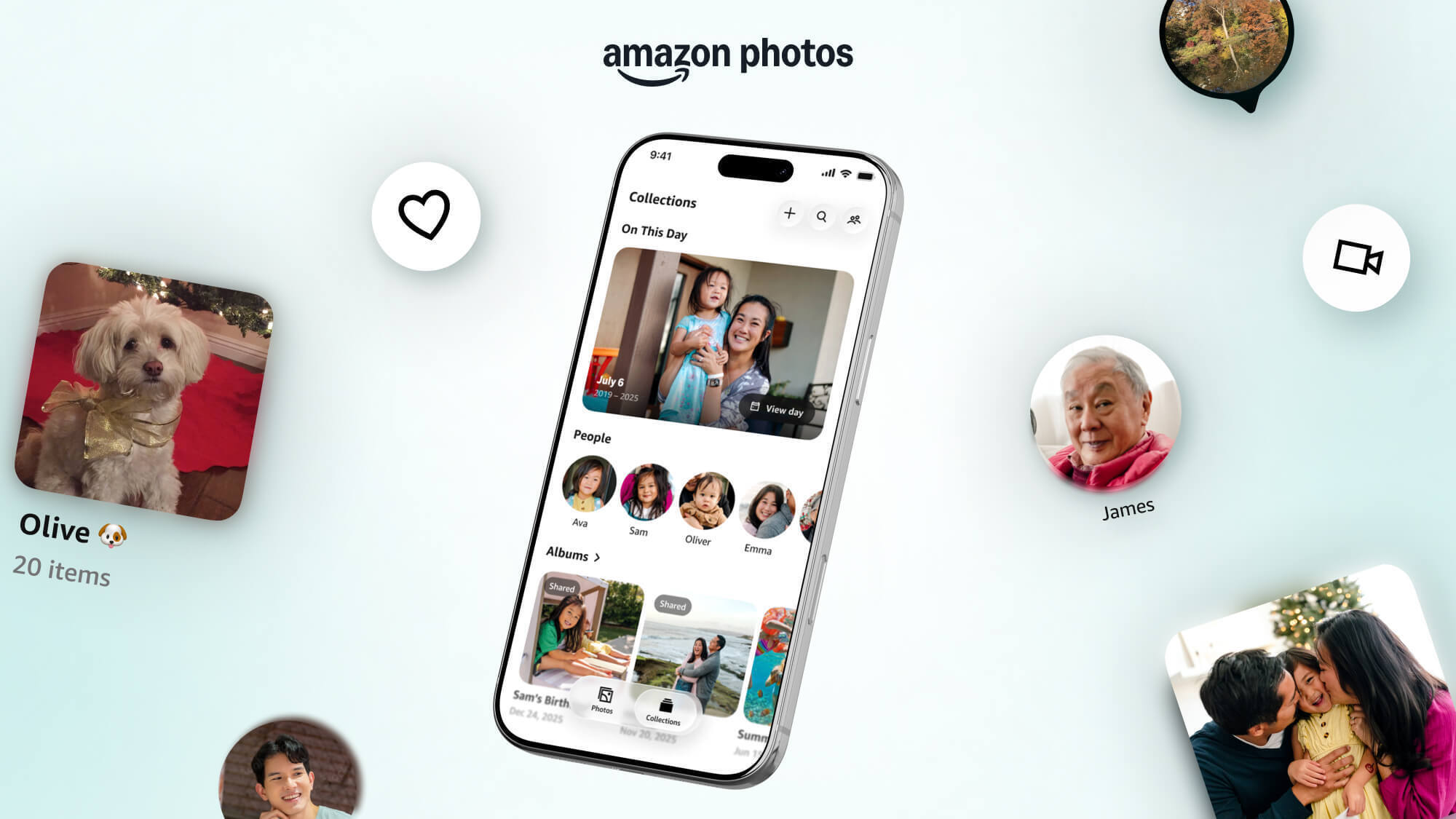 A smartphone displaying Amazon Photos app with family photo collections and search features