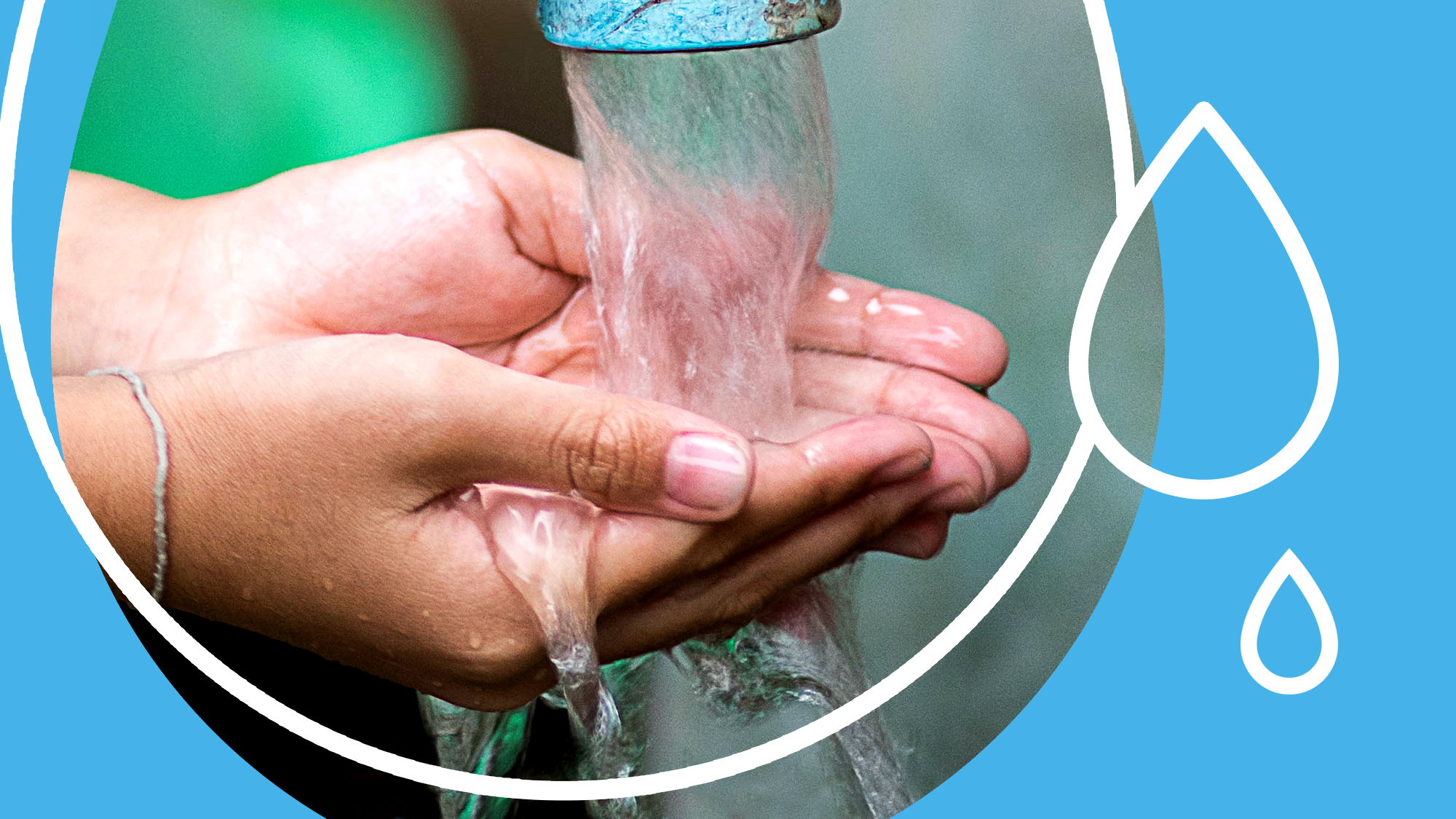 An image of two hands grabbing water with illustrated water drops around it and a blue background. 