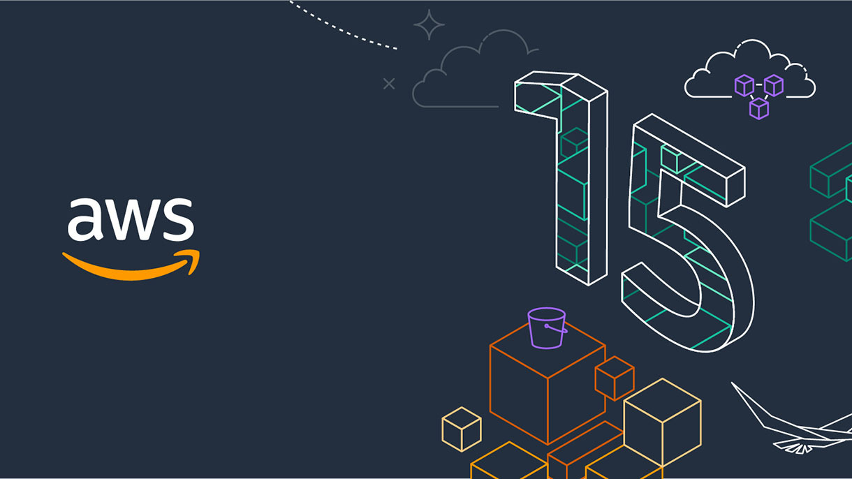 An illustrated graphic showing the Amazon Web Services (AWS) logo on the left, and illustrations on the right depicting boxes, birds, a bucket, and a 3D number 15.