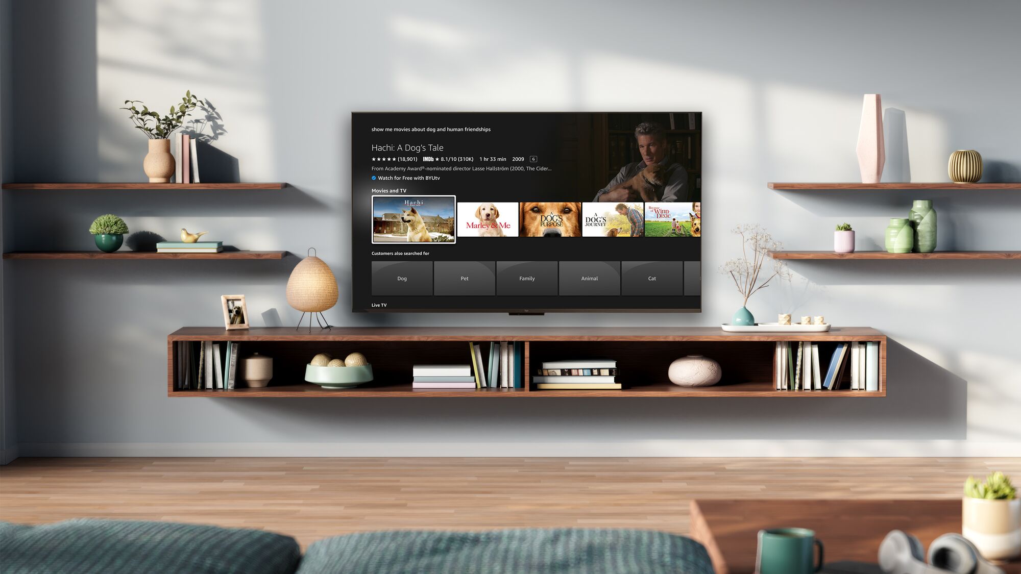 Stylish home entertainment setup with wooden shelves and Fire TV interface