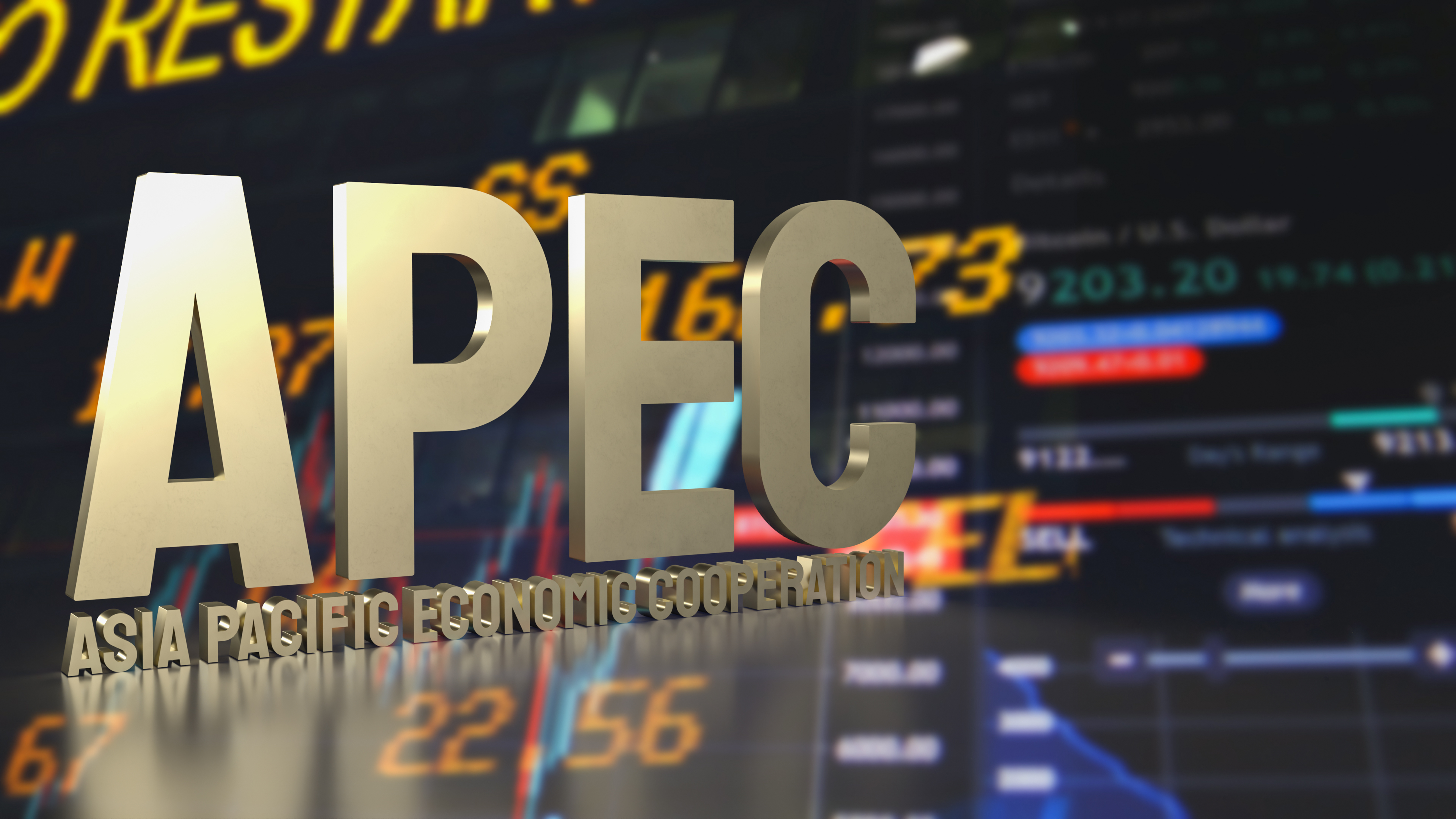 The letters APEC, stands for Asia Pacific Economic Cooperation, in 3D and gold on a chart background.