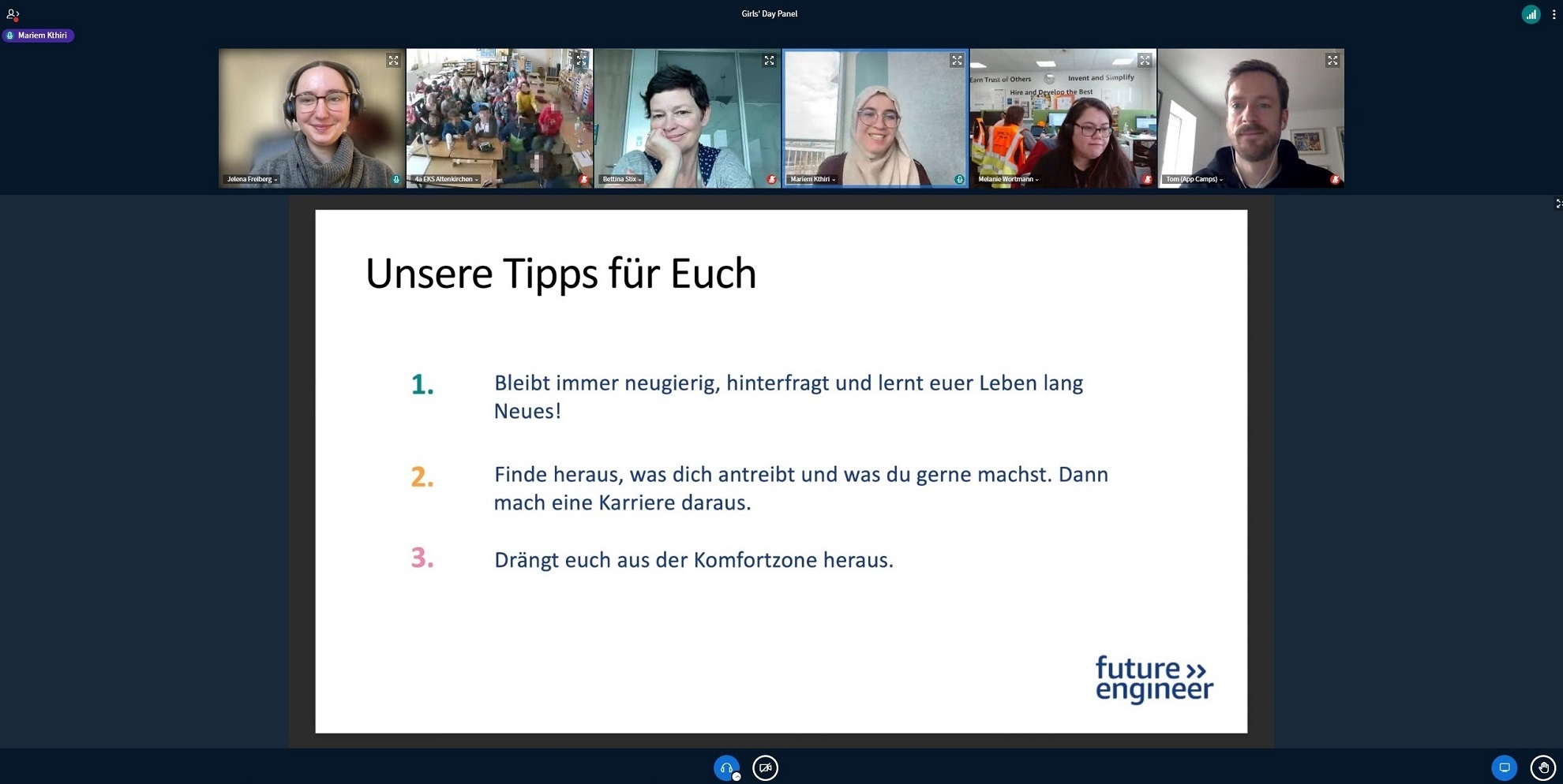 Screenshot einer online Veranstaltung von future engineer mit den Tipps der Amazon Expertinnen an die Schüler:innen beim Girls' Day 2023.