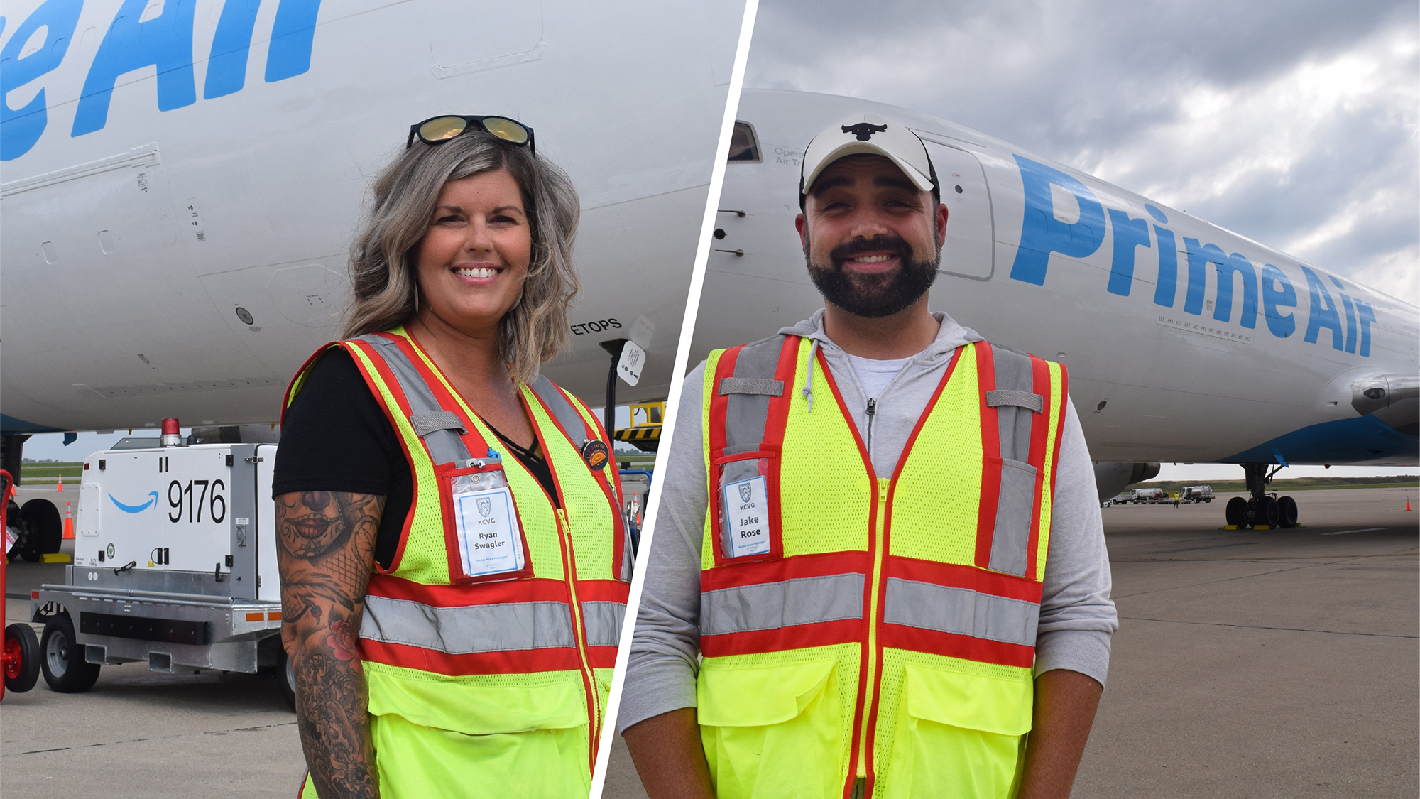 A split image. The image on the left shows a woman standing in front of a Prime Air plane smiling for a photo while wearing a safety vest. The image on the left shows a man smiling for a photo while wearing a safety vest in front of a Prime Air plan.