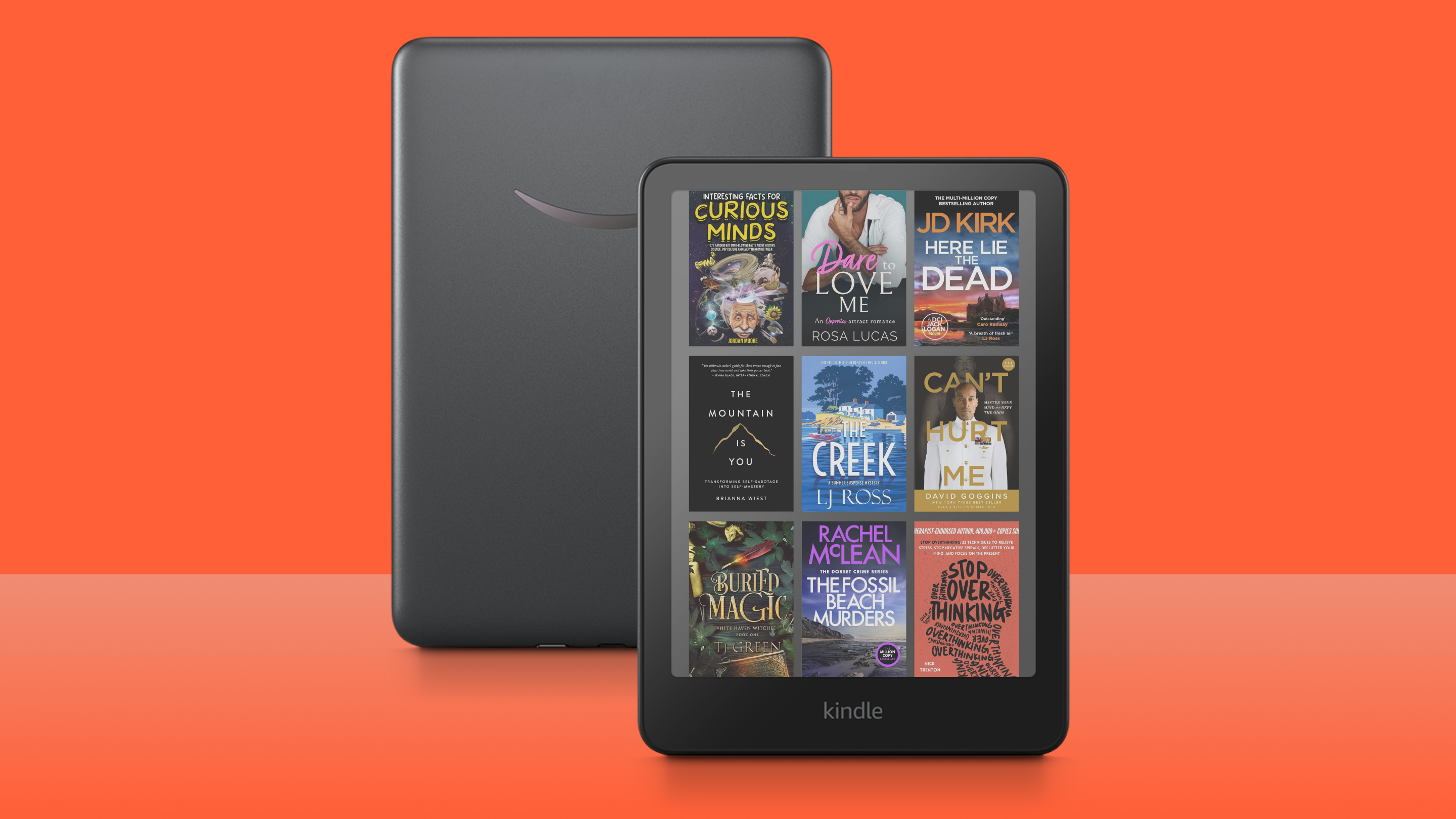 Kindle e-reader displaying various book covers on its screen