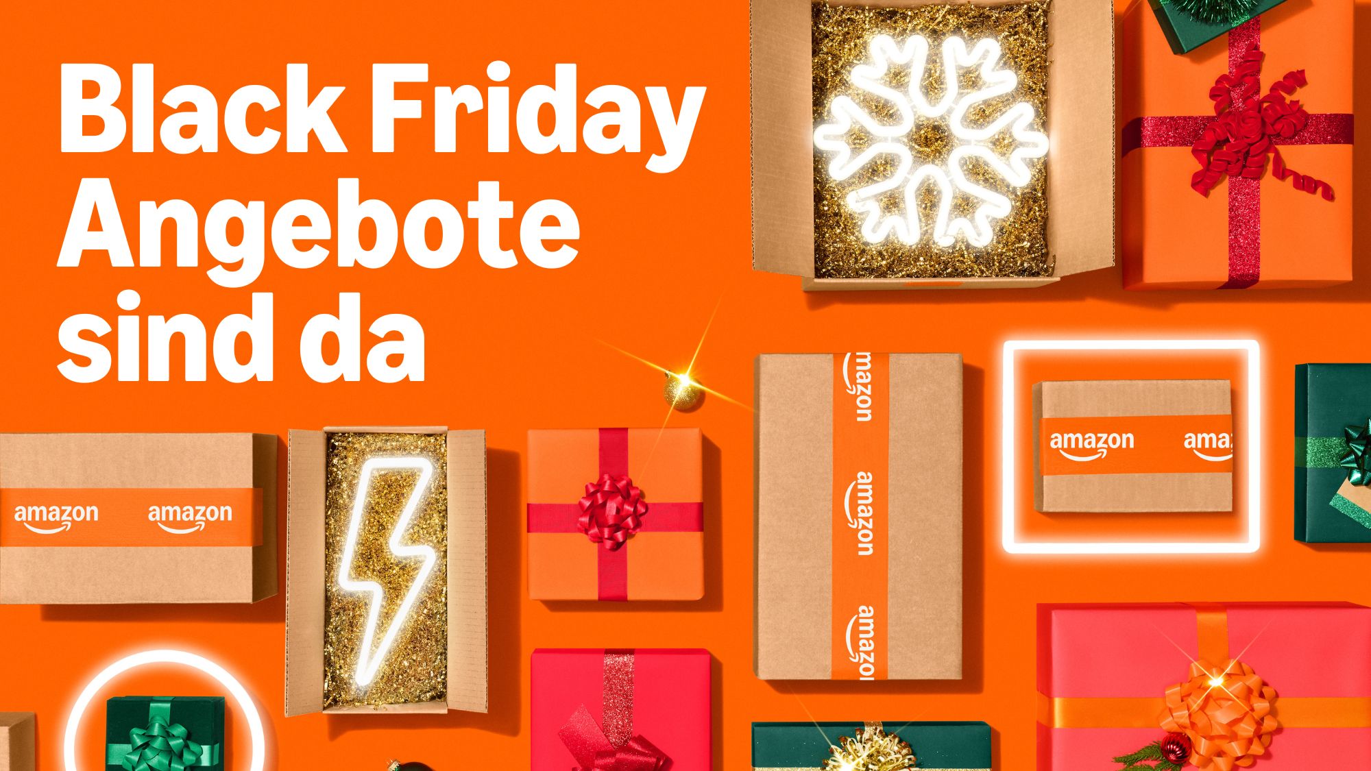 Black Friday-Angebote bei Amazon präsentiert mit bunten Geschenkboxen