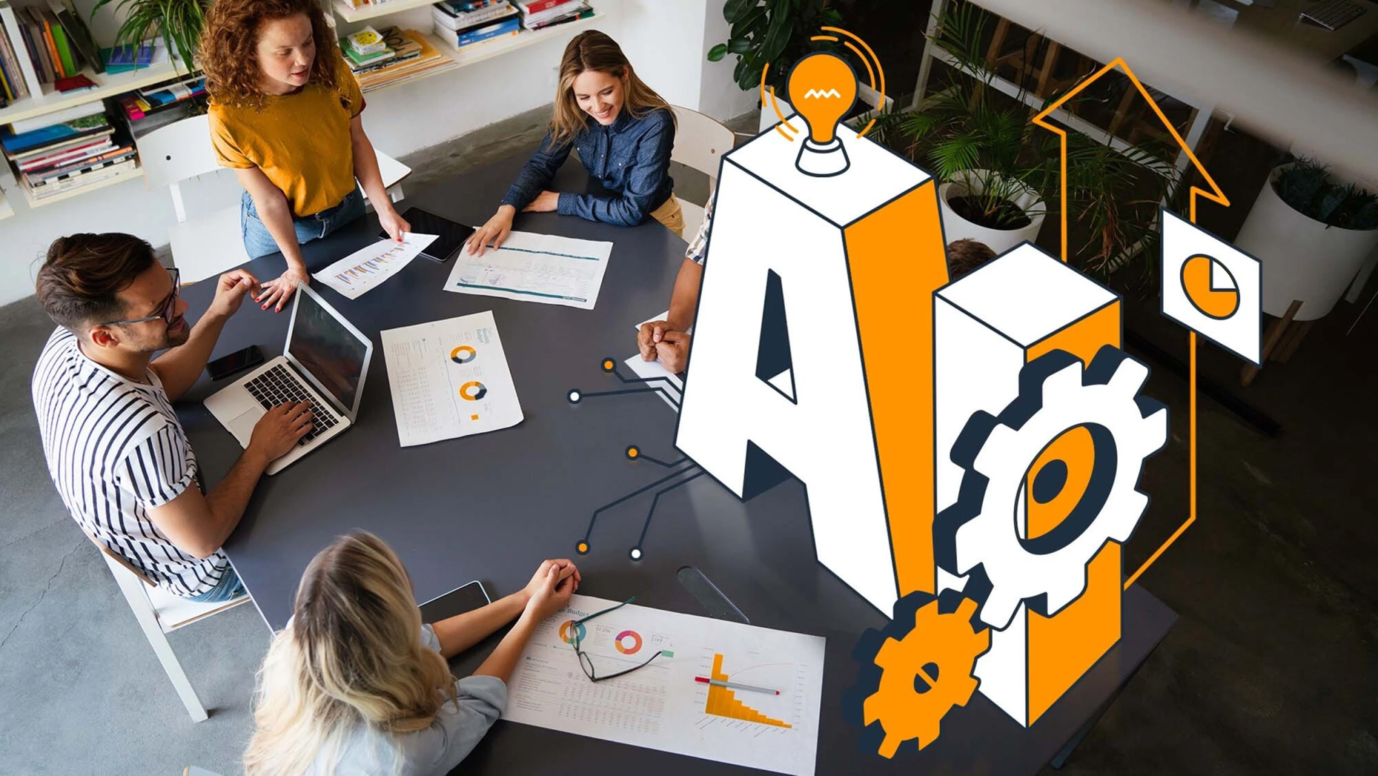 A photo of coworkers sitting at a meeting table. There is an illustration that is in the forefront of the photo that states, "AI" and showcases gears, a lightbulb, and a pie chart.