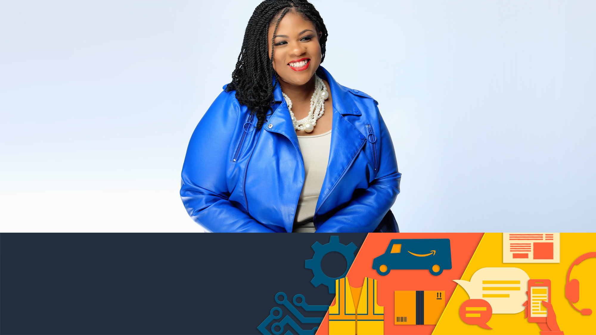 An image of a woman sitting on a chair, smiling for a photo against a white background while wearing a bright blue blazer. 