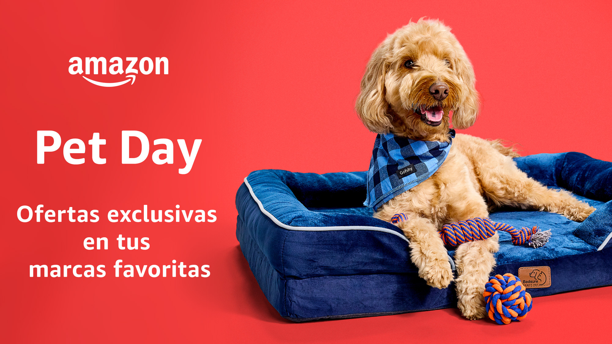 An image of a pet laying on a bed and "Pet Day Ofertas exclusivas en tus marcas favoritas" written on the left side.