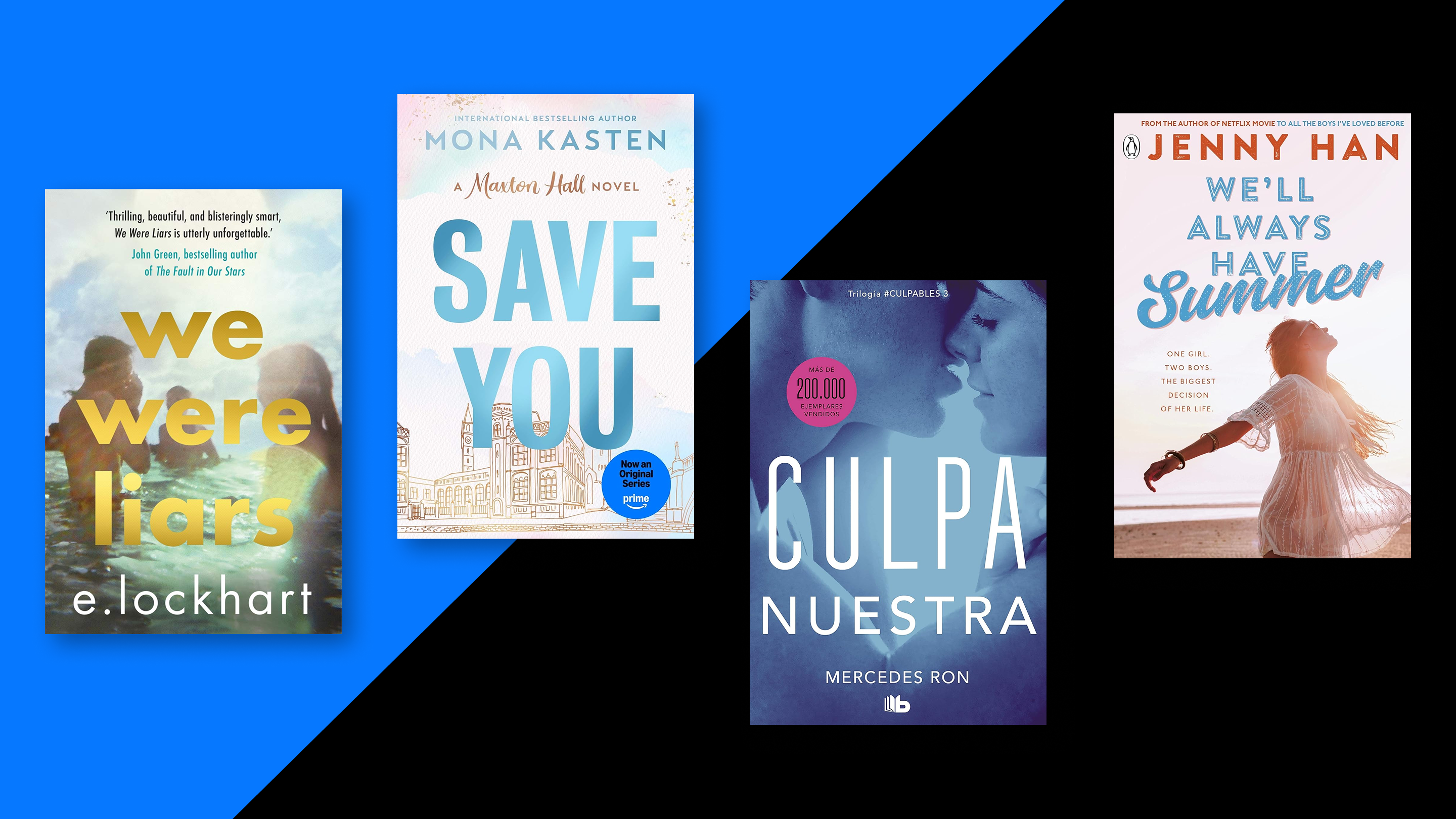 Book covers of popular young adult novels on a black and blue background