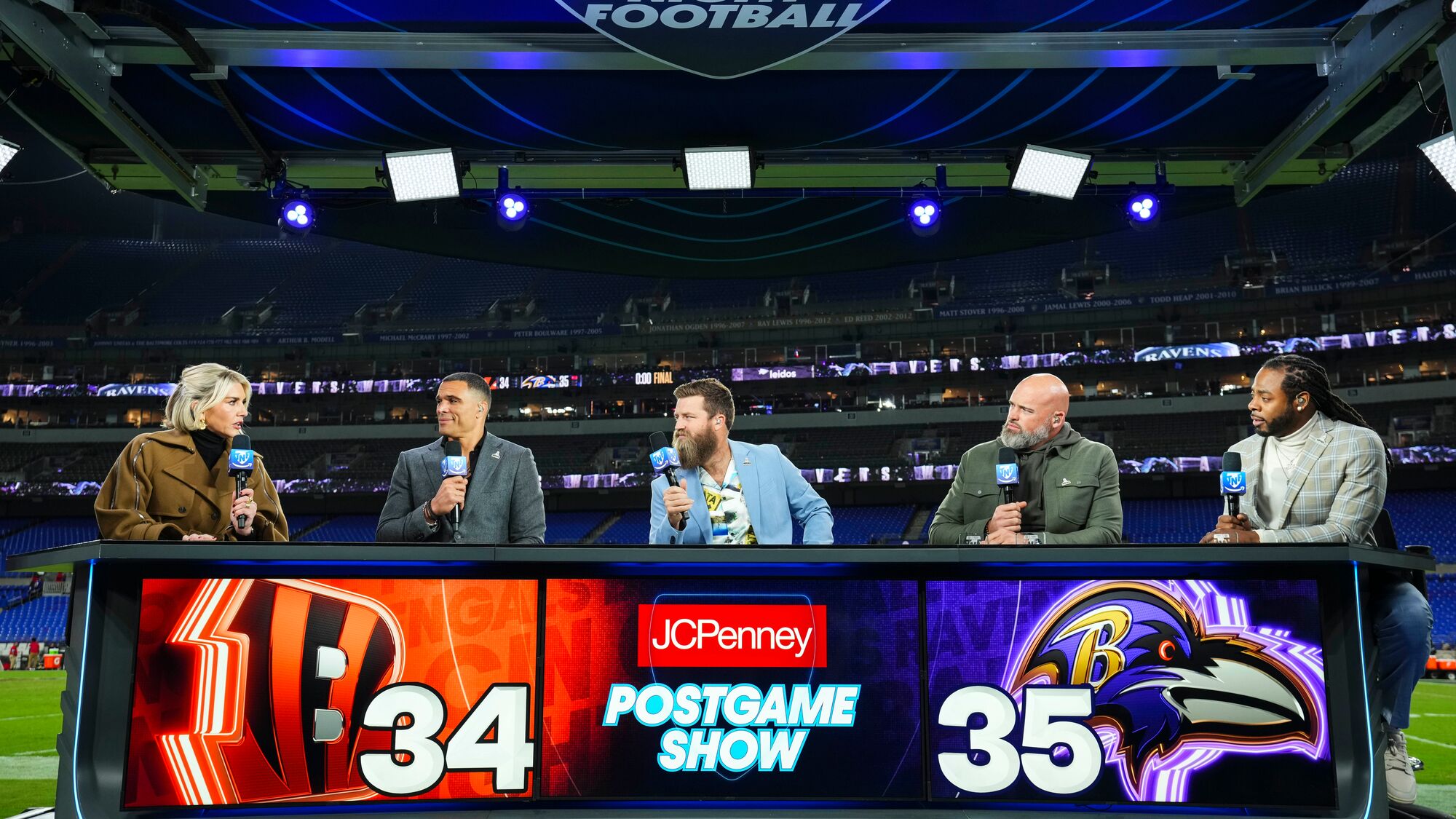The set of Prime Video's 'Thursday Night Football' broadcast with Charissa Thompson hosting and four men sitting next to her.