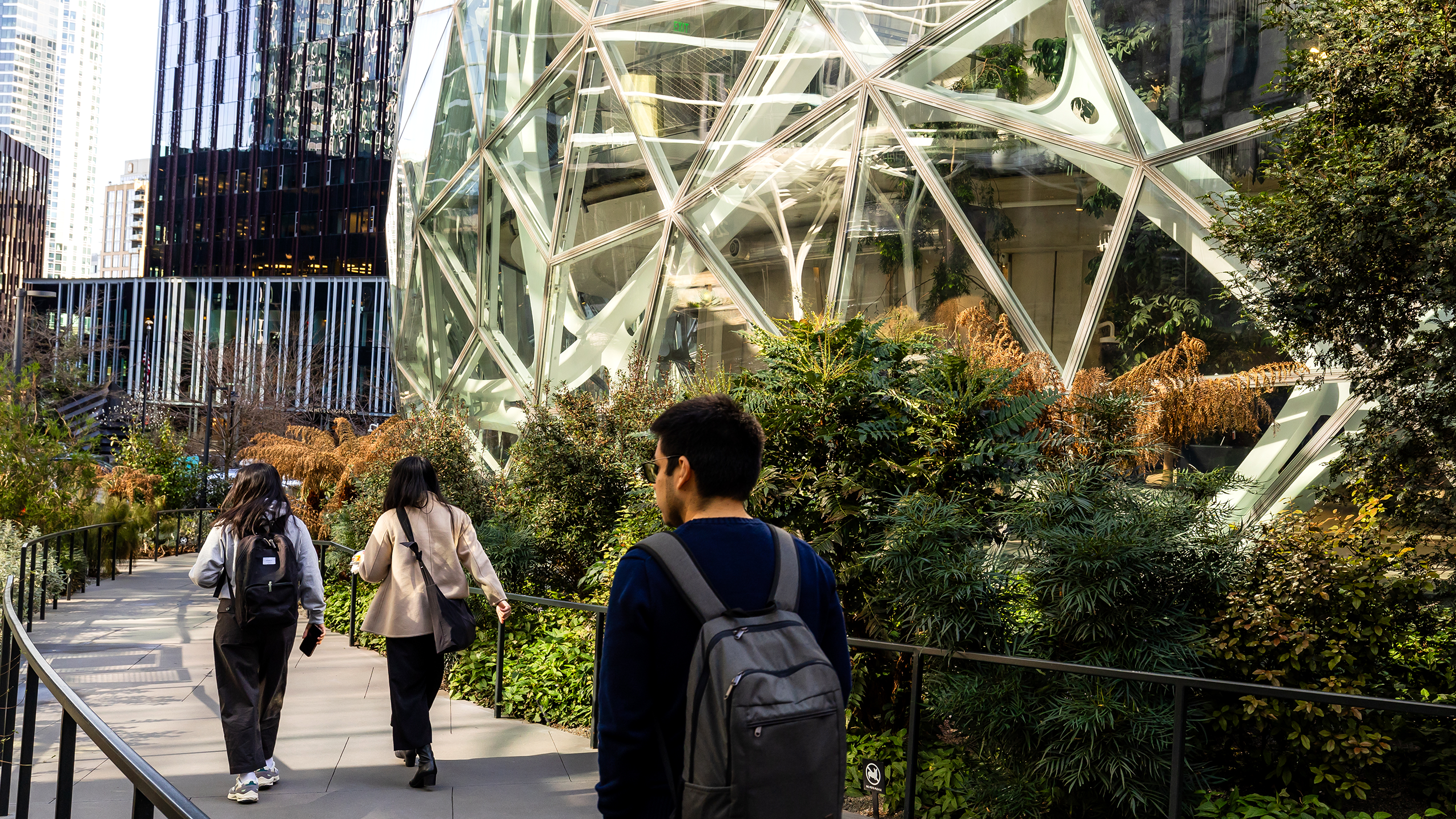 A photo of the outside of the spheres at Amazon Headquarters in Seattle.