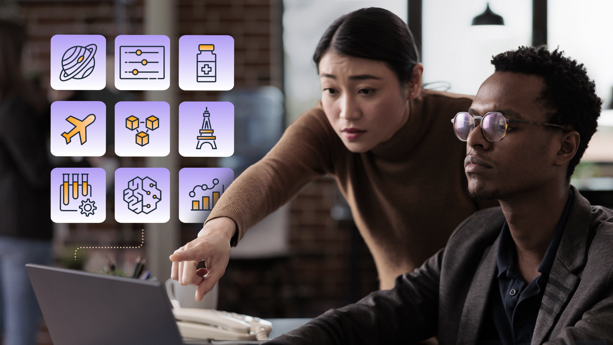 A photo of a person sitting at a desk working at a computer. Behind them are graphics that reflect predicted top 5 AI jobs of the future: a nurse, farmer, restoration specialist, cosmic reality engineer, and virtual tourism producer.