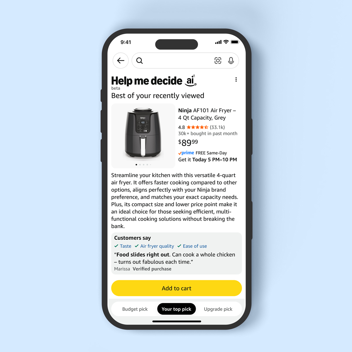 Smartphone displaying AI-powered product recommendation for Ninja air fryer using the Help Me Decide feature on Amazon