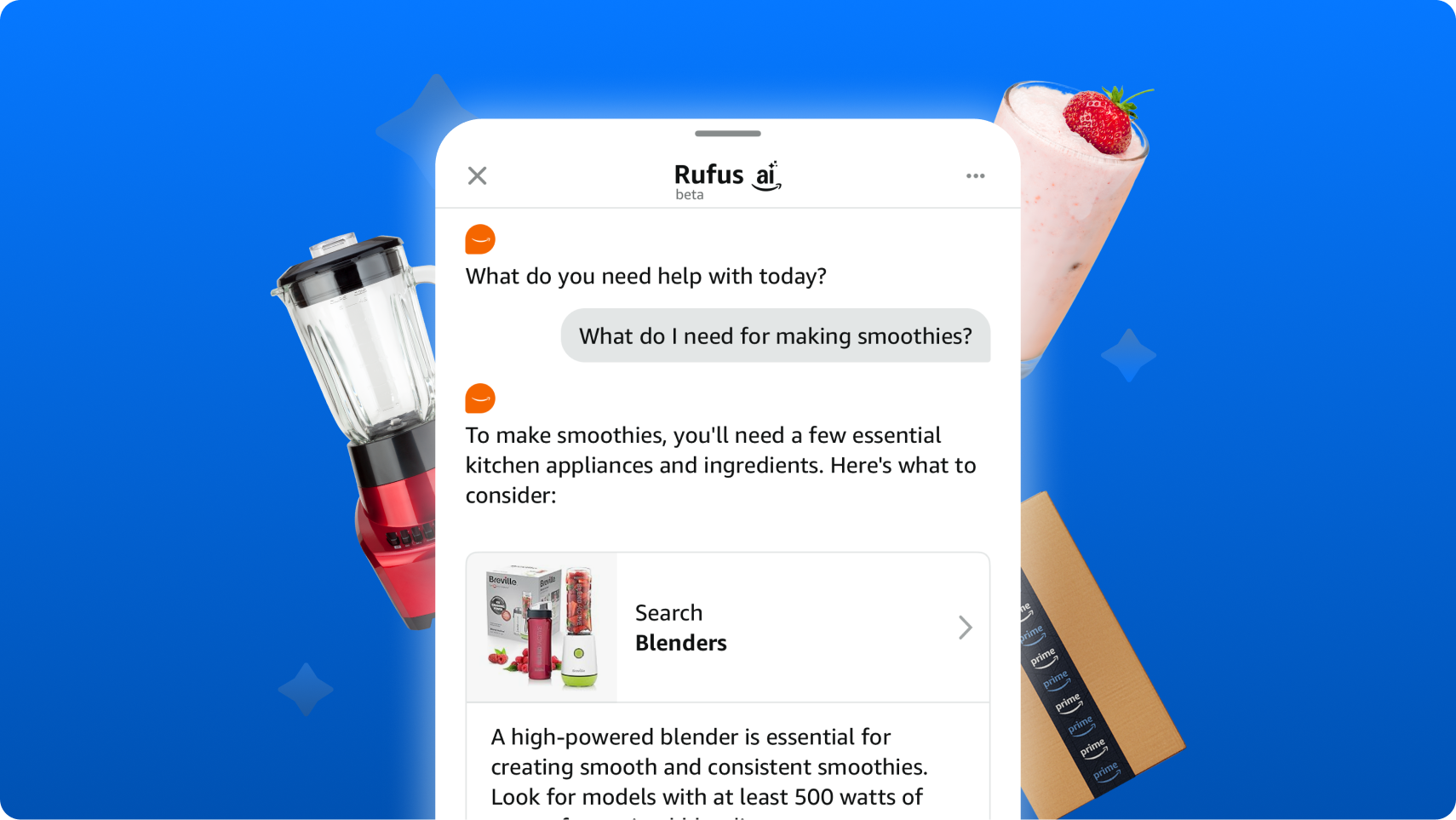 Smartphone screen showing smoothie-making advice from Rufus AI