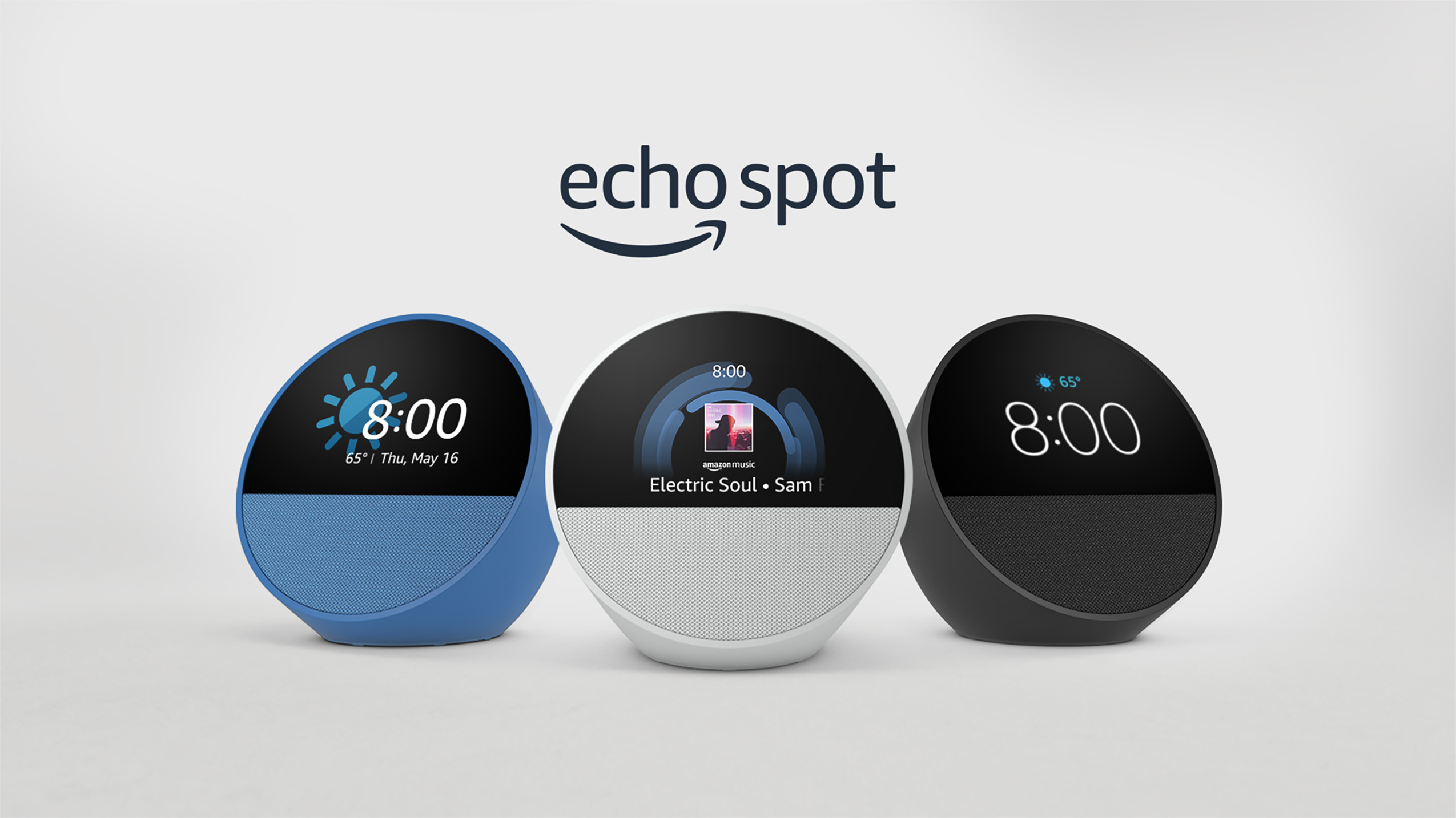 Amazon Echo Spot smart speakers in blue, white, and black colors