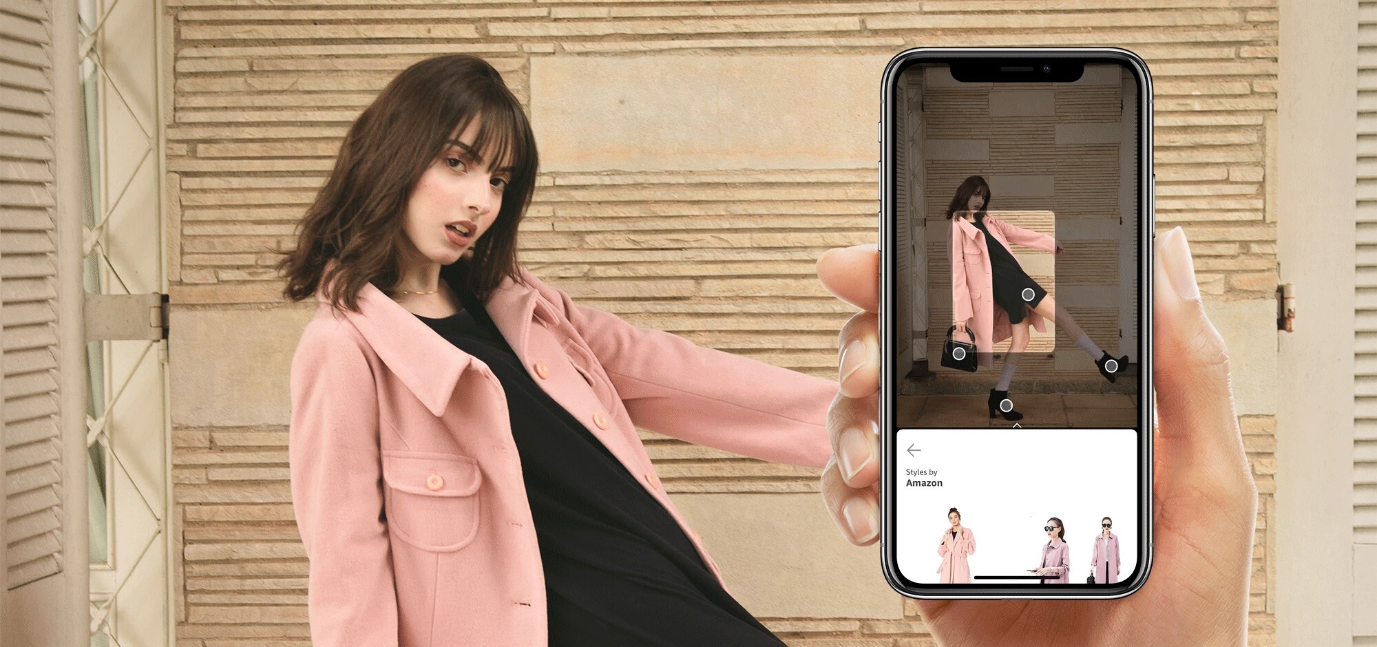 Model dressed in pink outfit and iphone in hand for for Stylesnap banner