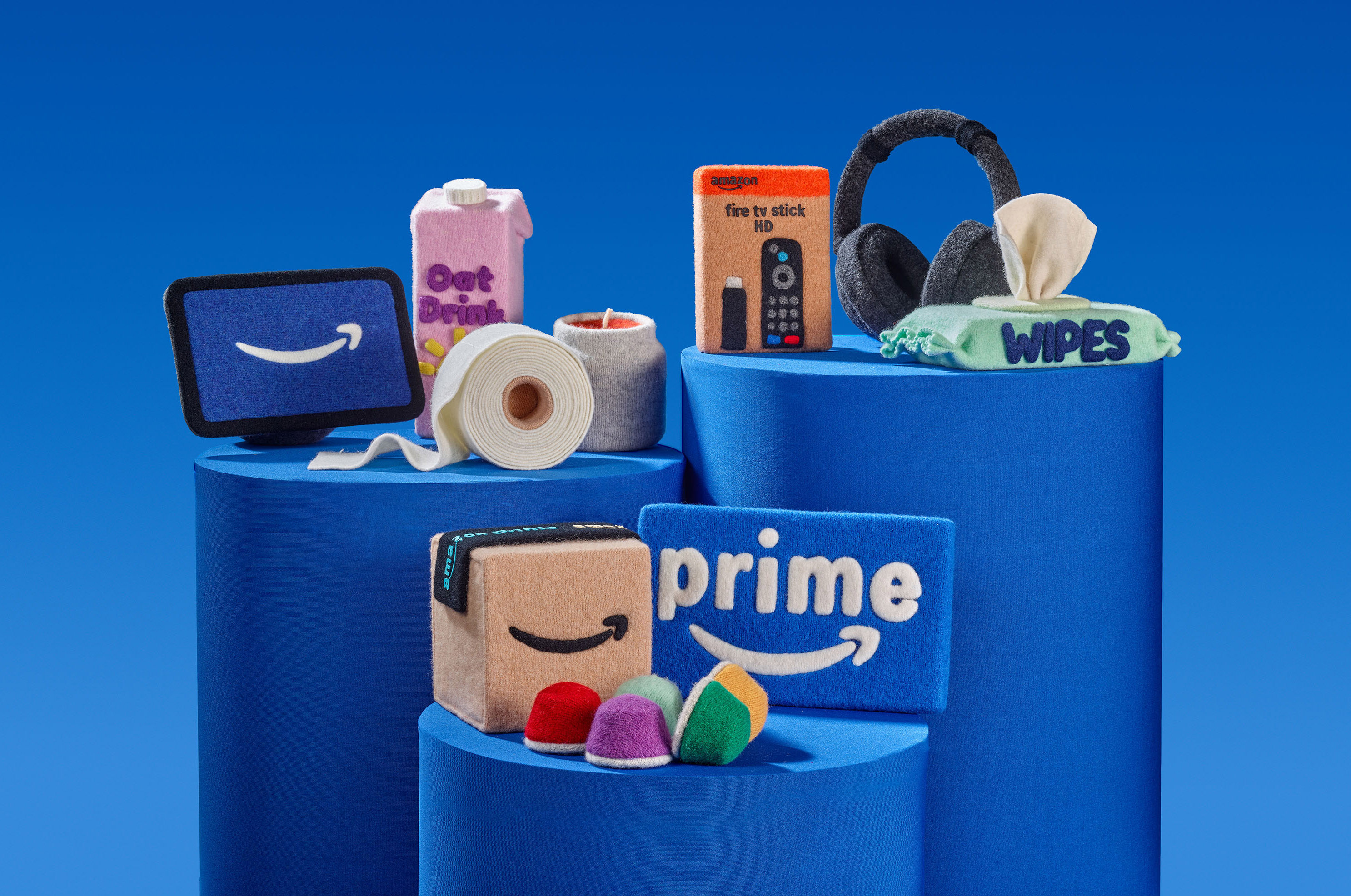 Prime Big Deal Days 2026 image with felt creations of Amazon box, prime logo and other items
