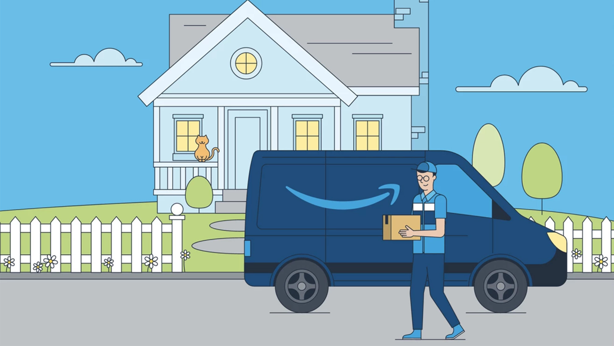 A graphic of an Amazon delivery vehicle with an Amazon employee delivering a package to a home with a cat on the porch.