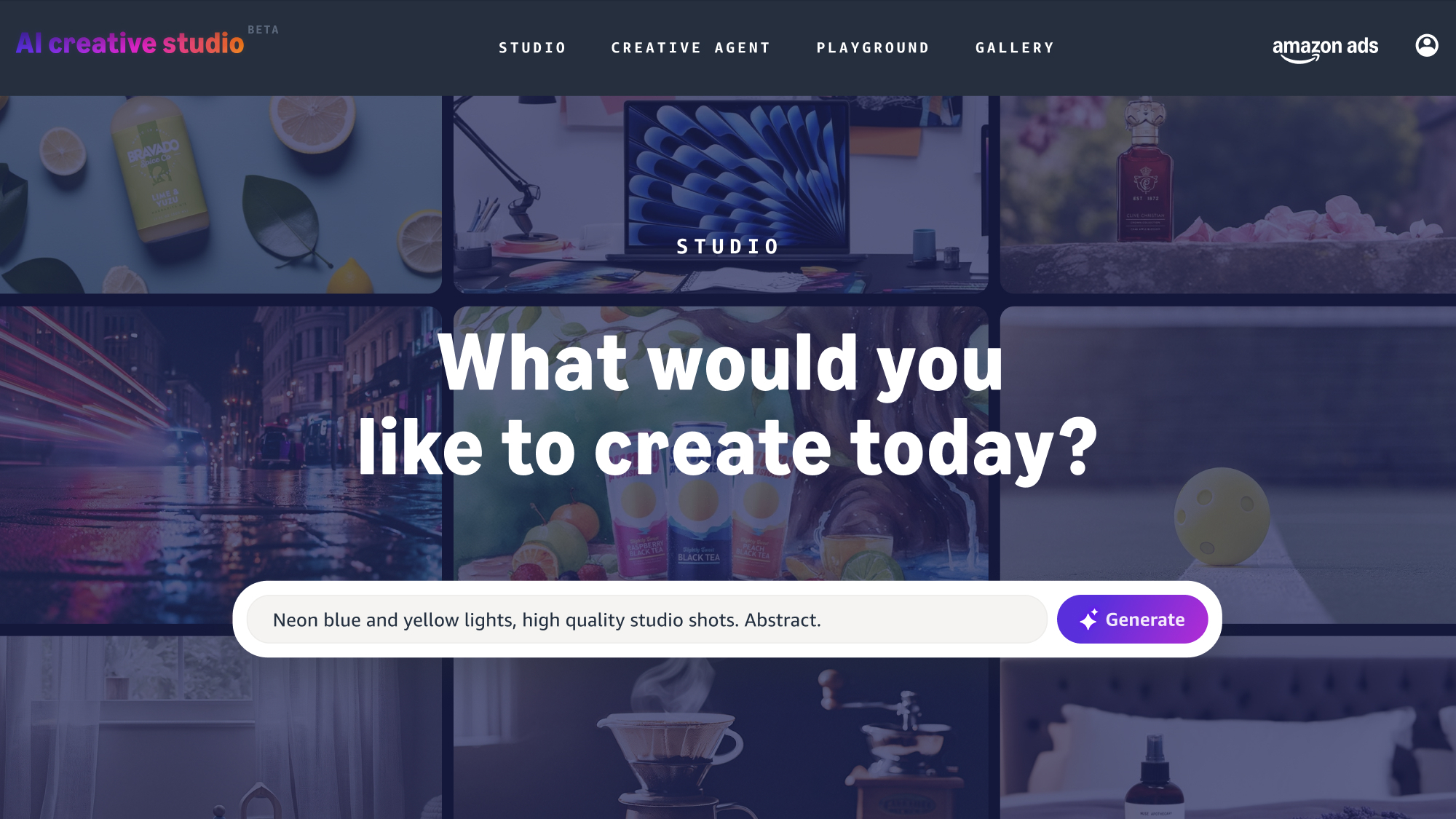 The front end of AI creative studio, which prompts with "What would you like to create today?"