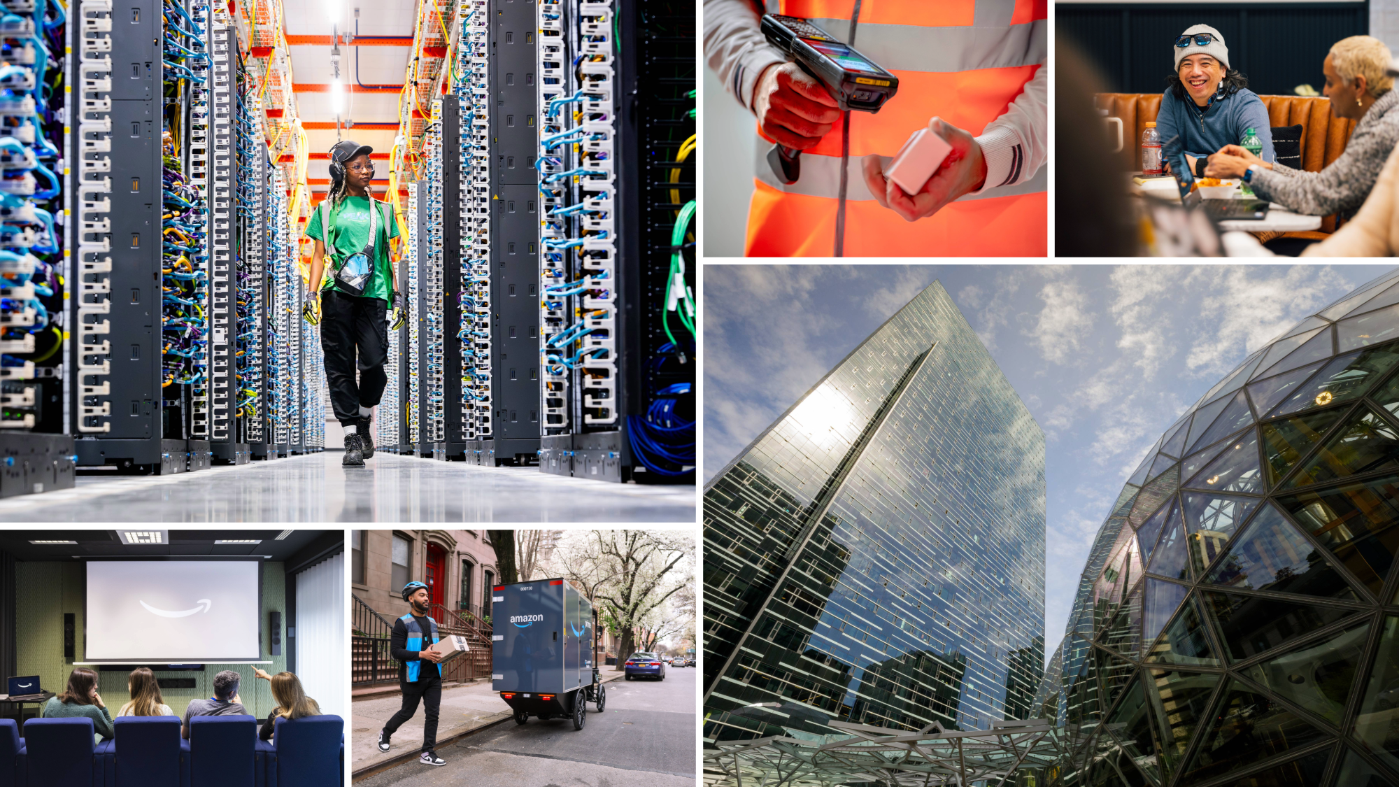 A collage of Amazon employees, delivery drivers, and office settings