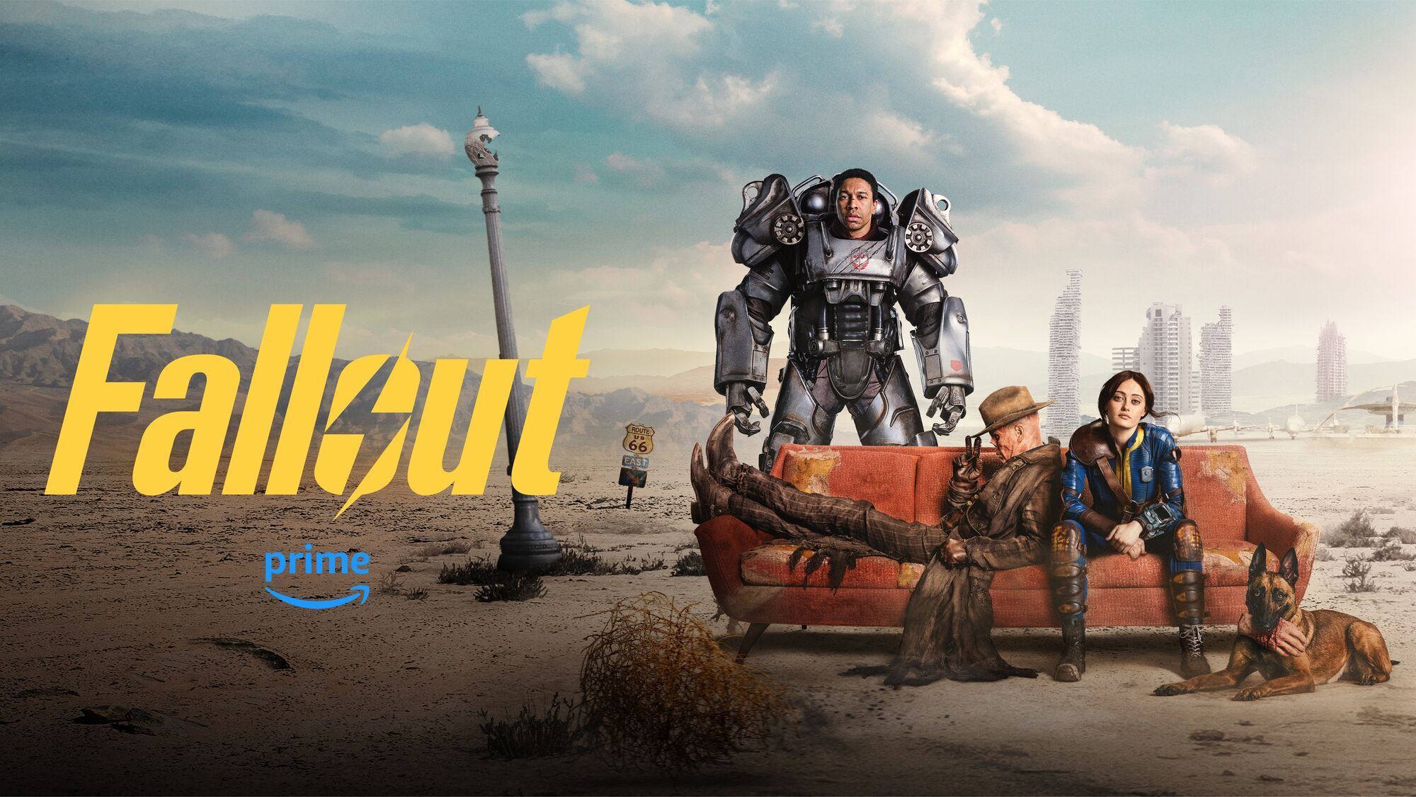 A cover image of Prime Video's Fallout with the logo on the left and the cast sitting on a couch to the right with a city in the background.