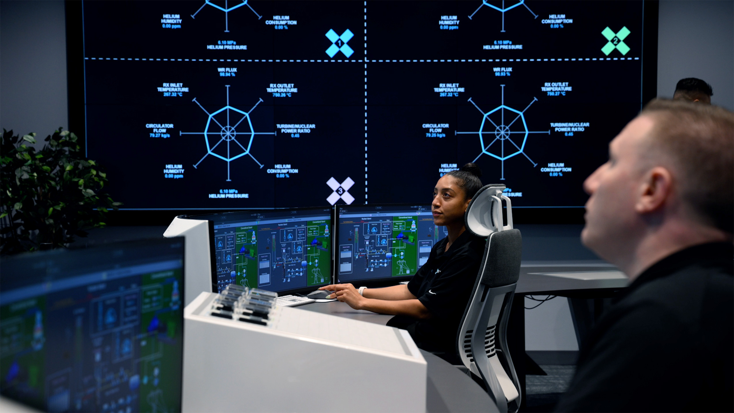 Woman on a control panel for X energy