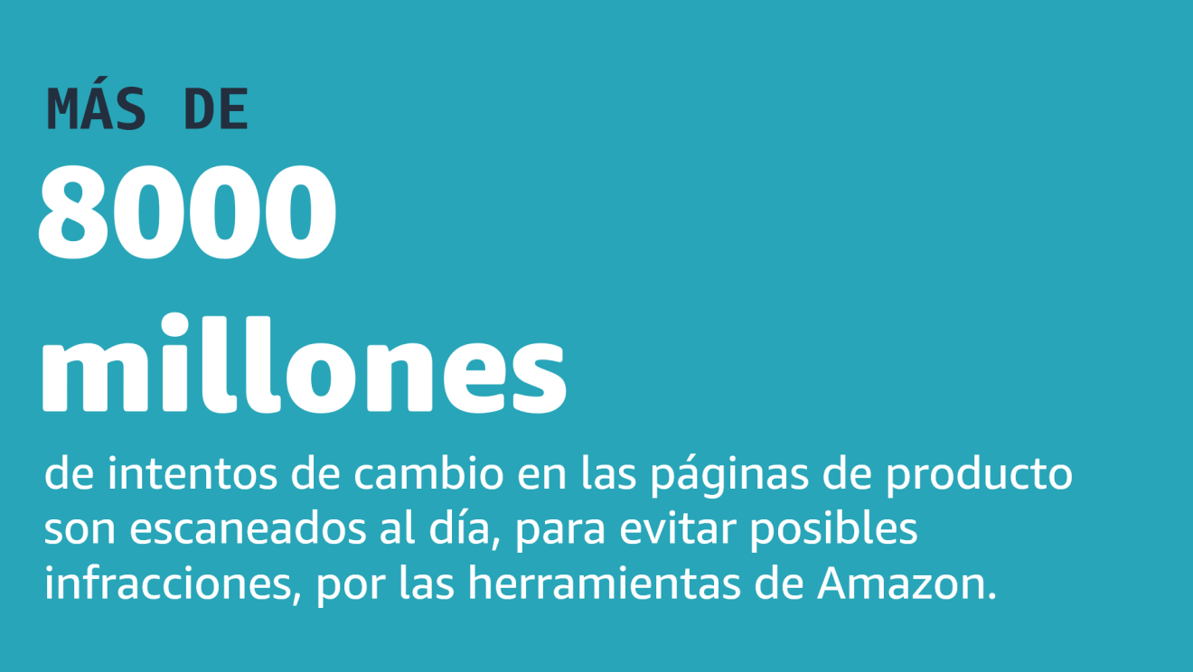 Sobre un fondo azul, en letras blancas el texto: Más de 8000 millones de intentos de cambio en las páginas de producto son escaneados al día, para evitar posibles infraciones por las herramientas de Amazon. 