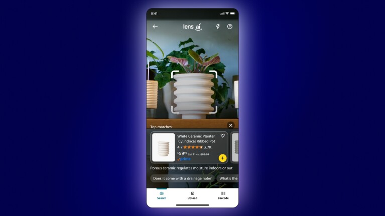 Amazon Lens AI app identifying white ceramic planter on smartphone screen