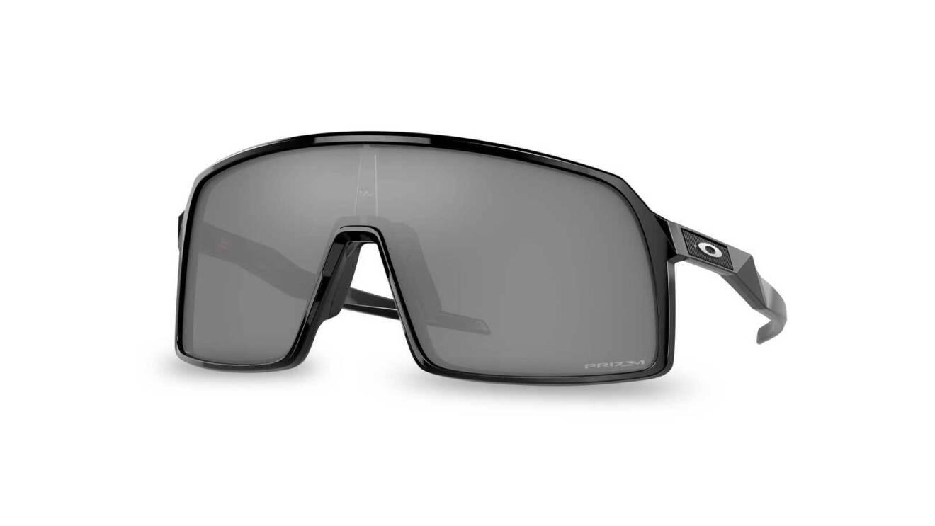 An image of black, shield sunglasses with the Oakley logo on the side.