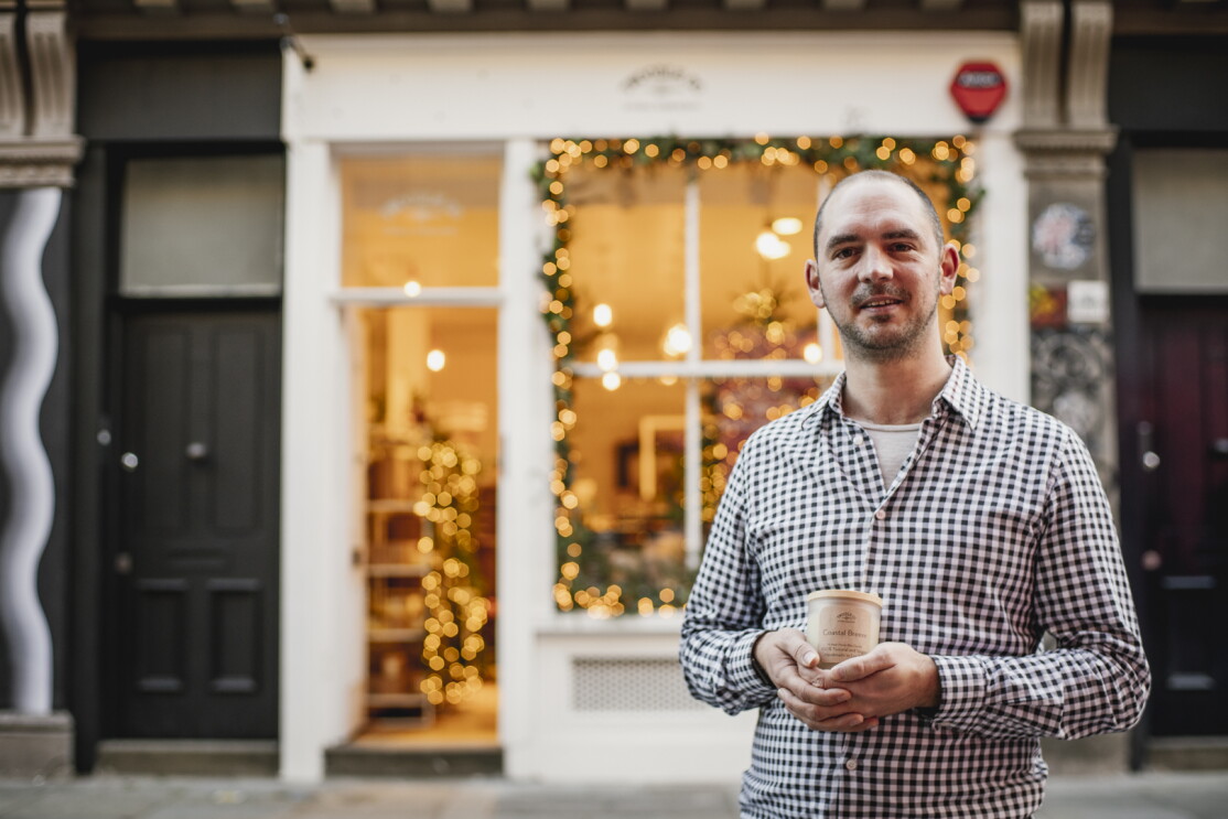 Tim Rundle-Wood, founder of Twoodle Co, in front of his shop in London