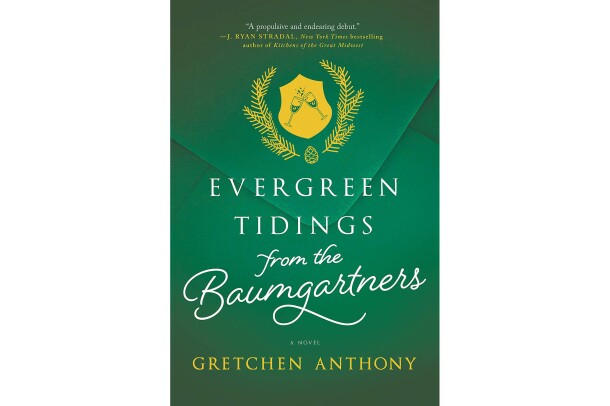 A yellow crest showing two champagne glasses toasting, surrounded by evergreen boughs and a a pinecone, on a forest green zoomed-in envelope. The title is written in white, with the author's name in yellow.