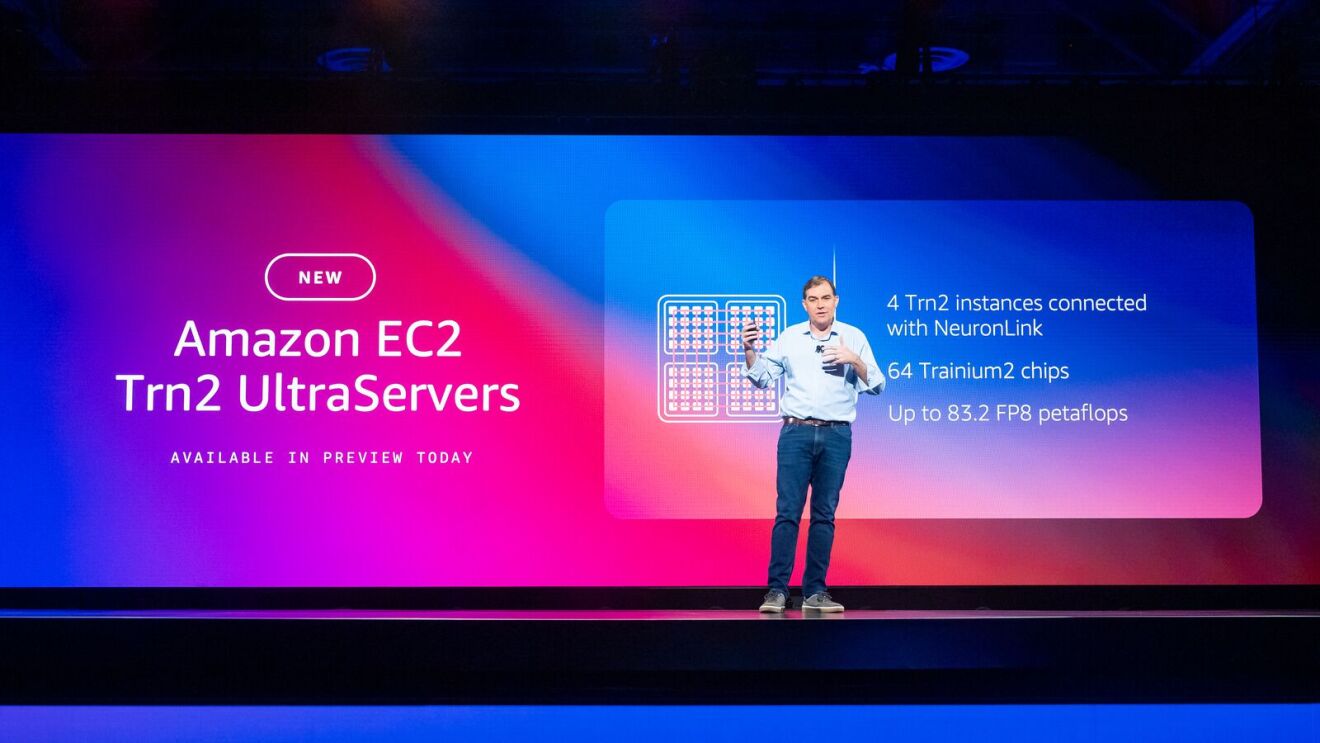 Matt Garman, AWS CEO on stage at re:Invent 2024 with an Amazon EC2 Trn2 UltraServers