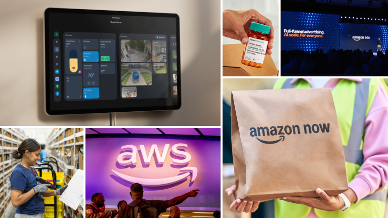 A collage of Amazon's Q3 2026 earnings highlights including: Amazon devices, AWS, Pharmacy, Amazon Now, Ads, and fast delivery.