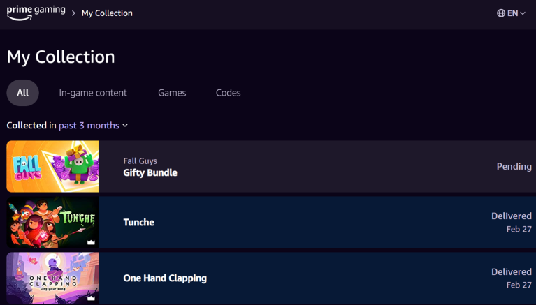A screenshot of Prime Gaming.